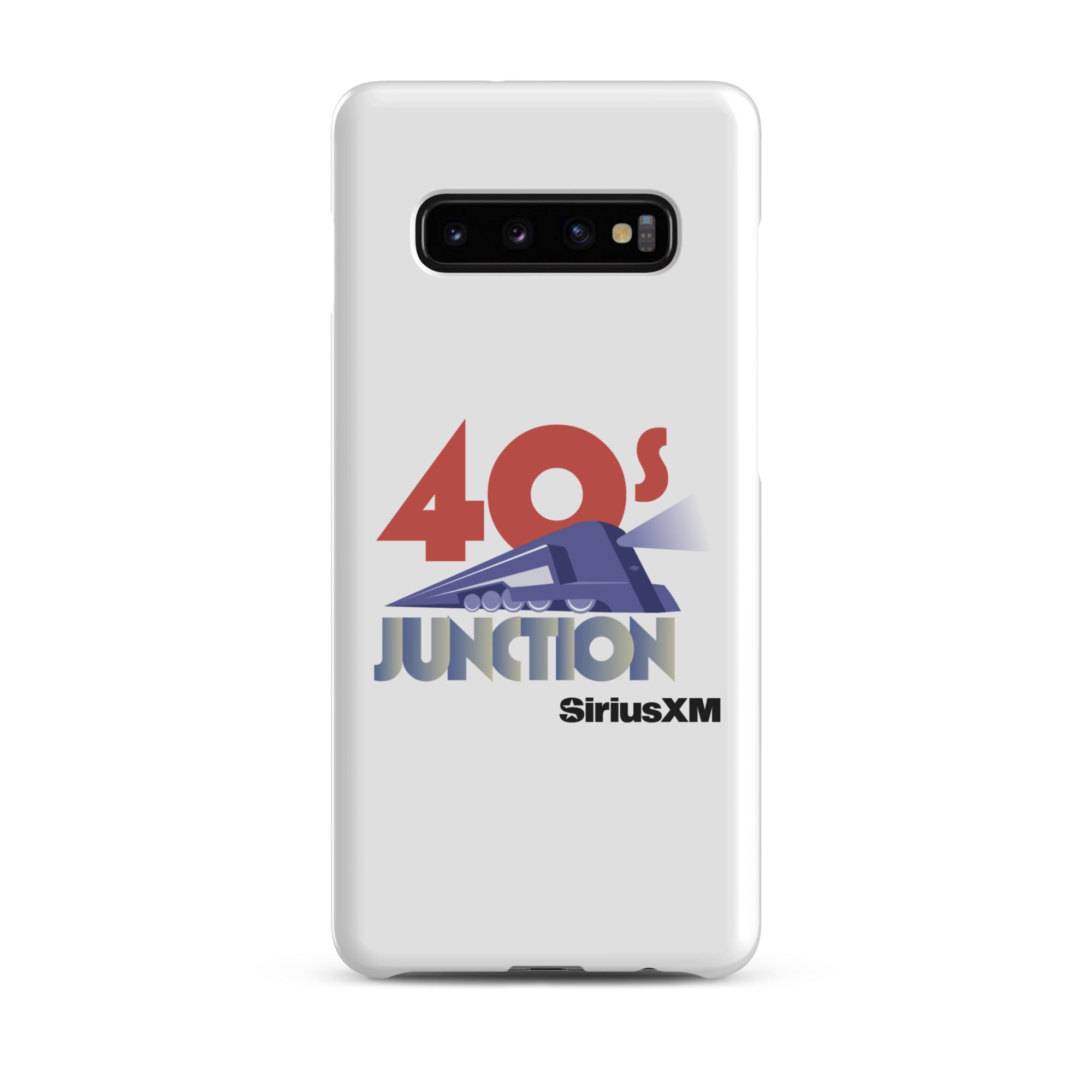 White phone case featuring a design with '40s Junction' and a train graphic, branded with 'SiriusXM.'