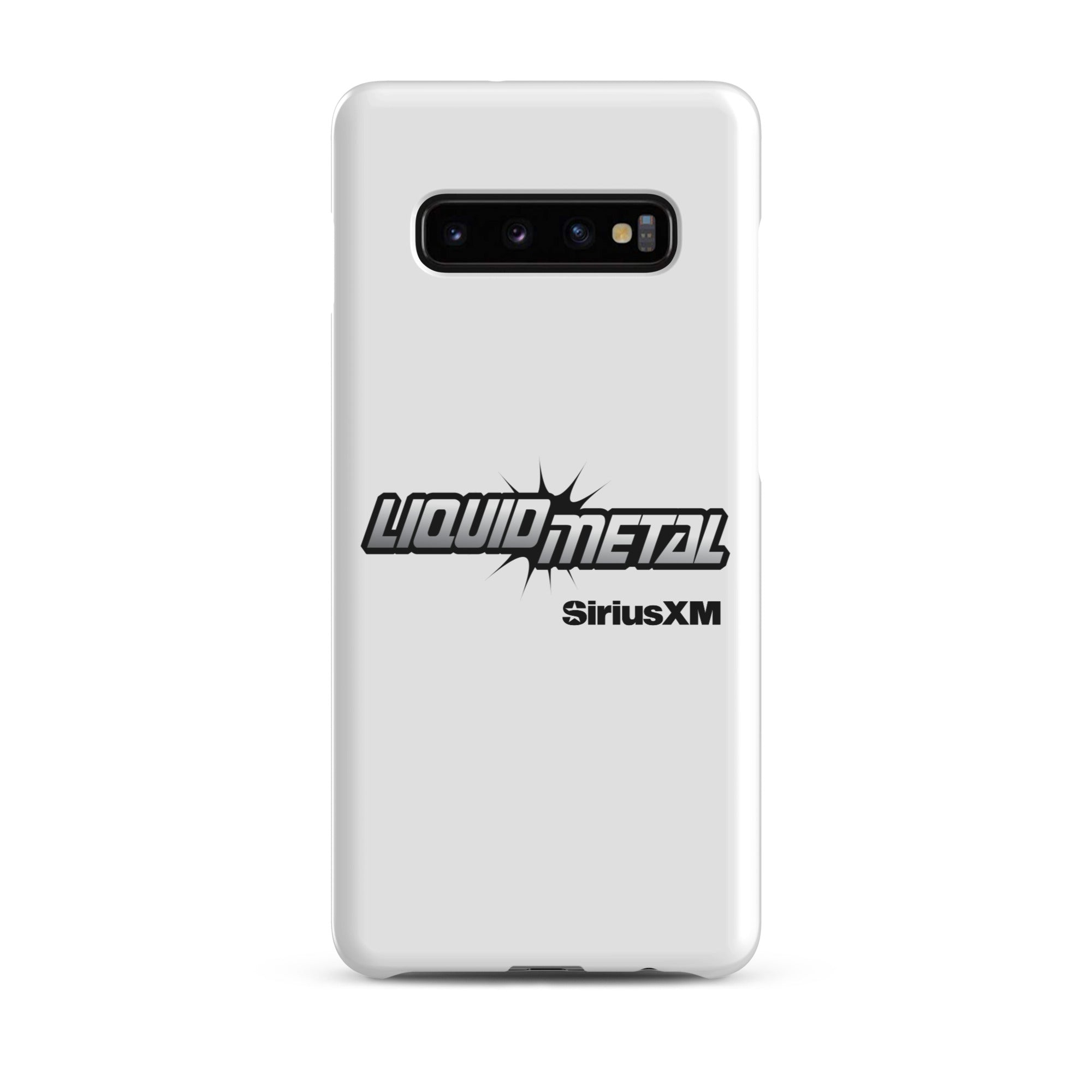 White phone case featuring 'LIQUID METAL' logo and 'SiriusXM' branding.