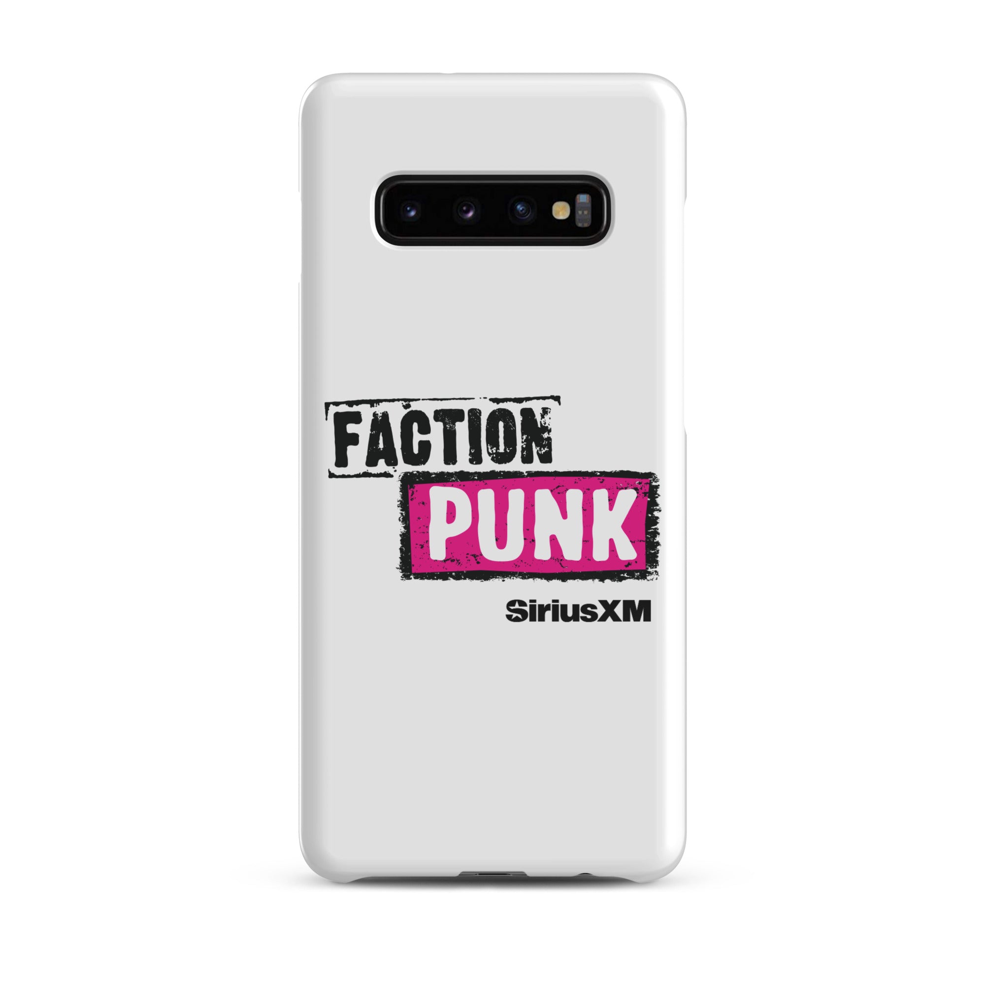 A white phone case with the words 'FACTION PUNK' in bold black and pink lettering and 'SiriusXM' branding.
