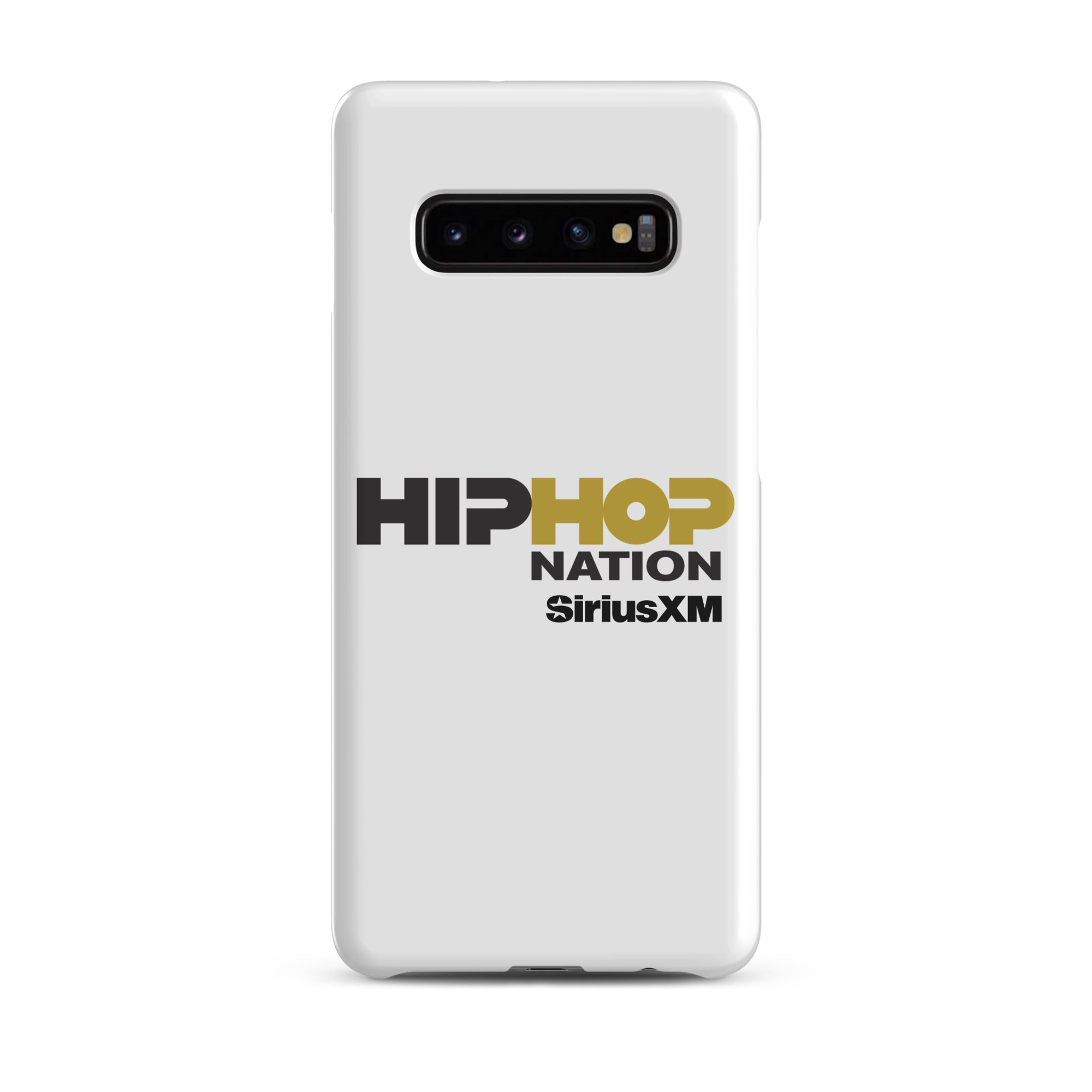A white phone case featuring the text 'HIP HOP NATION' and 'SiriusXM' in black and gold.