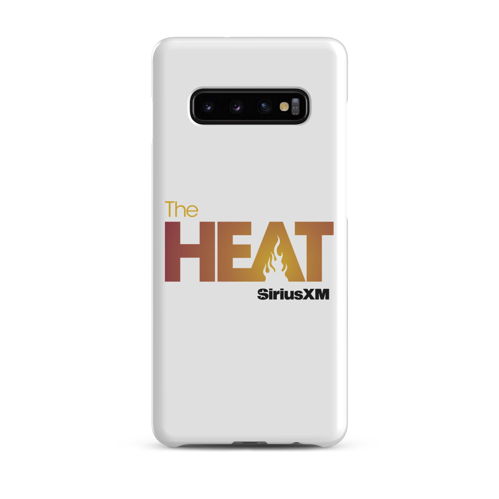 White phone case featuring 'The HEAT' logo with a flame design in orange and red hues and 'SiriusXM' branding.