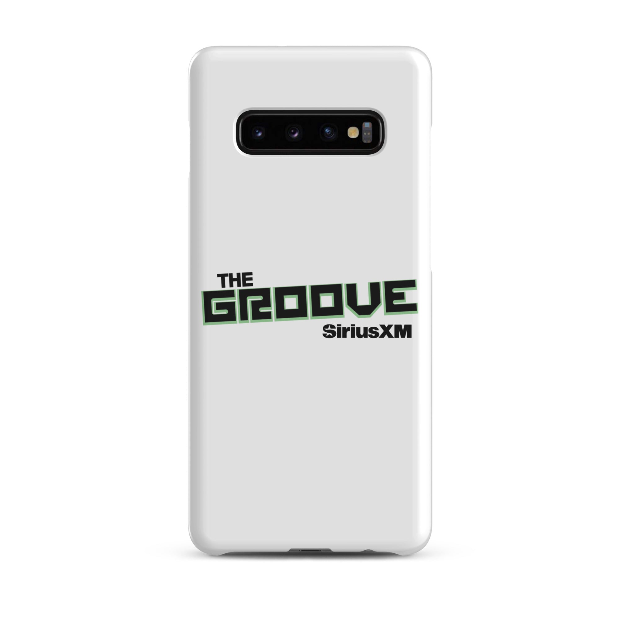 White phone case featuring 'THE GROOVE' and 'SiriusXM' logos in green and black.