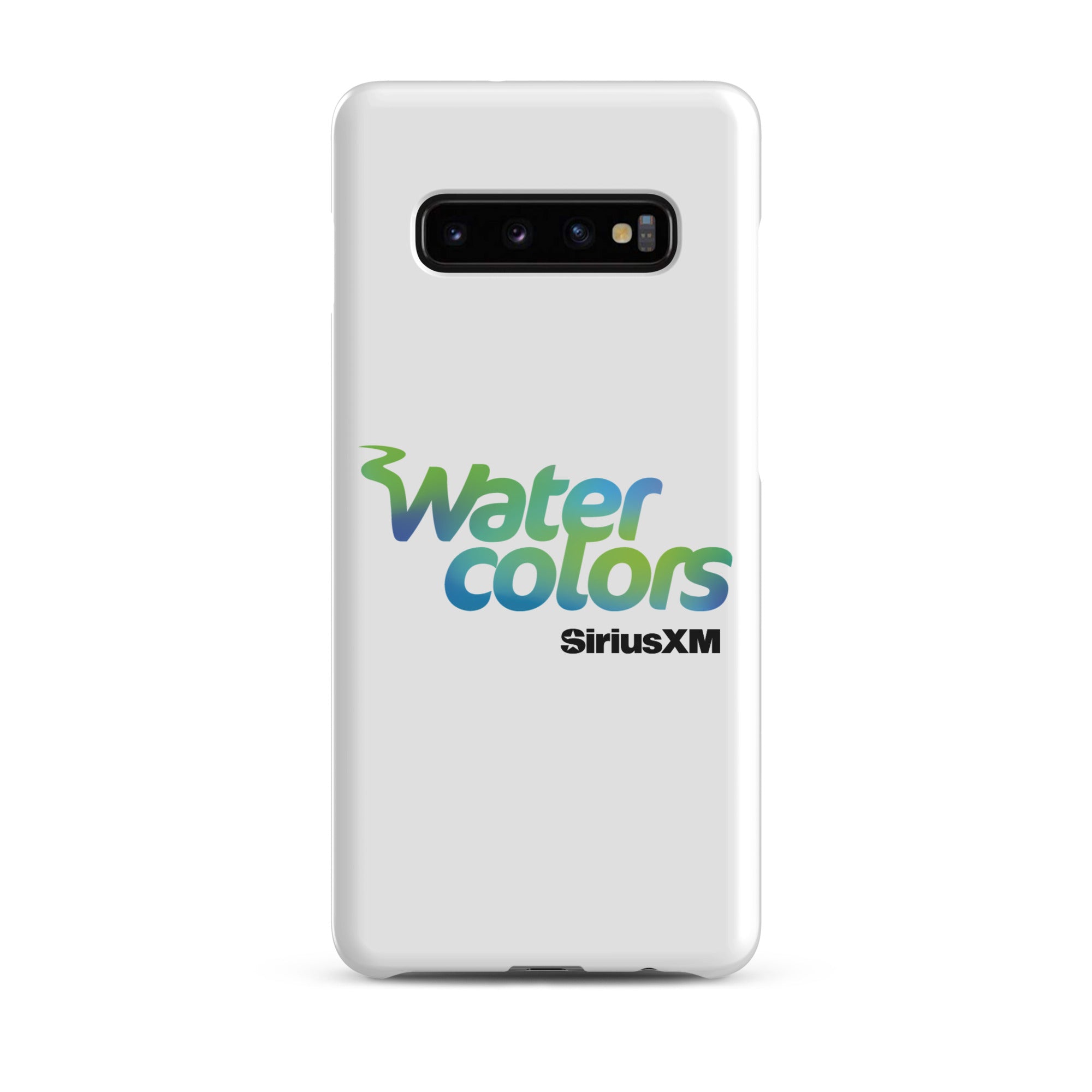 White smartphone case with 'Water colors' logo in blue and green, and 'SiriusXM' in black.