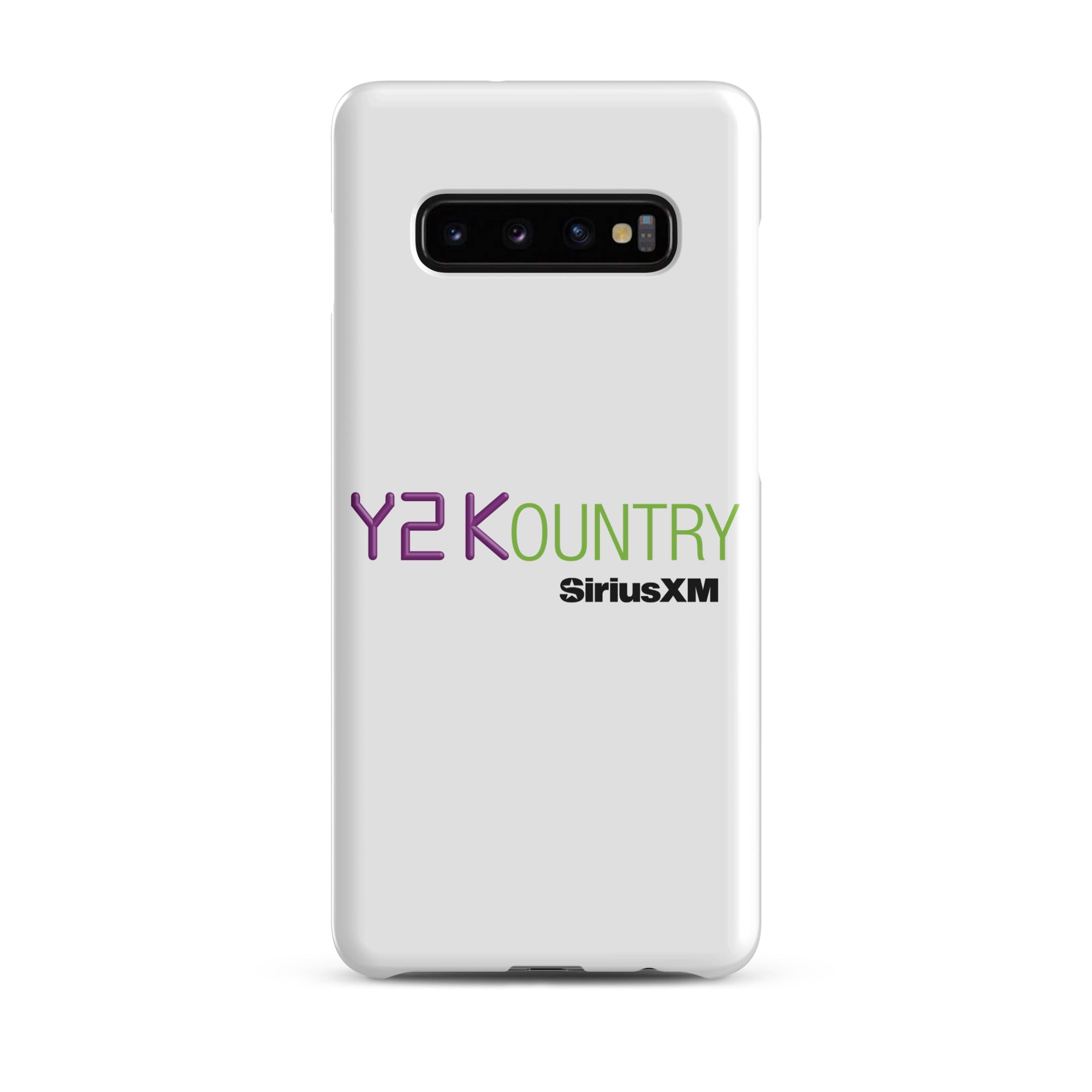 White phone case featuring 'Y2KOUNTRY' and 'SiriusXM' logos in purple and green.