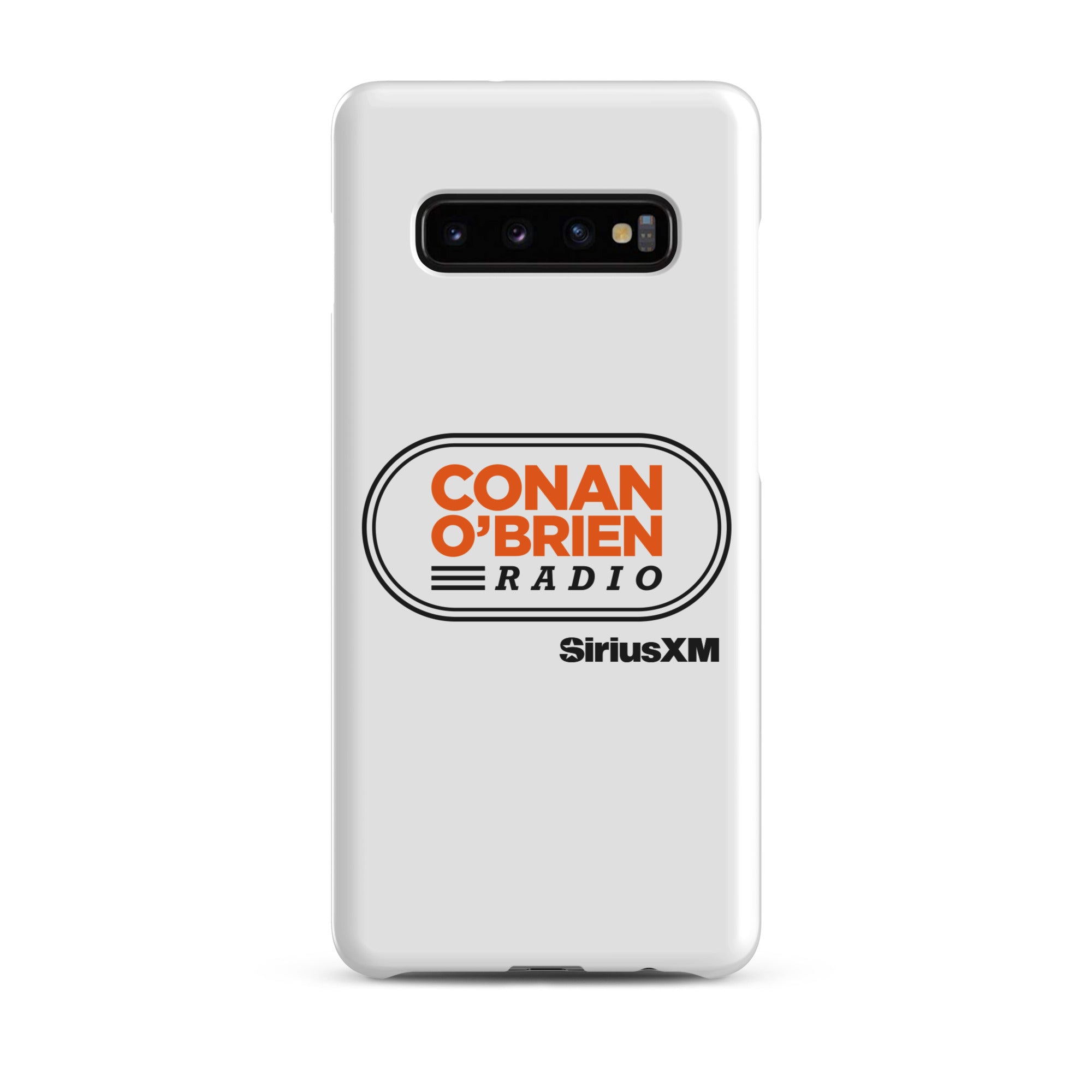White phone case featuring 'CONAN O'BRIEN RADIO' and 'SiriusXM' logos.