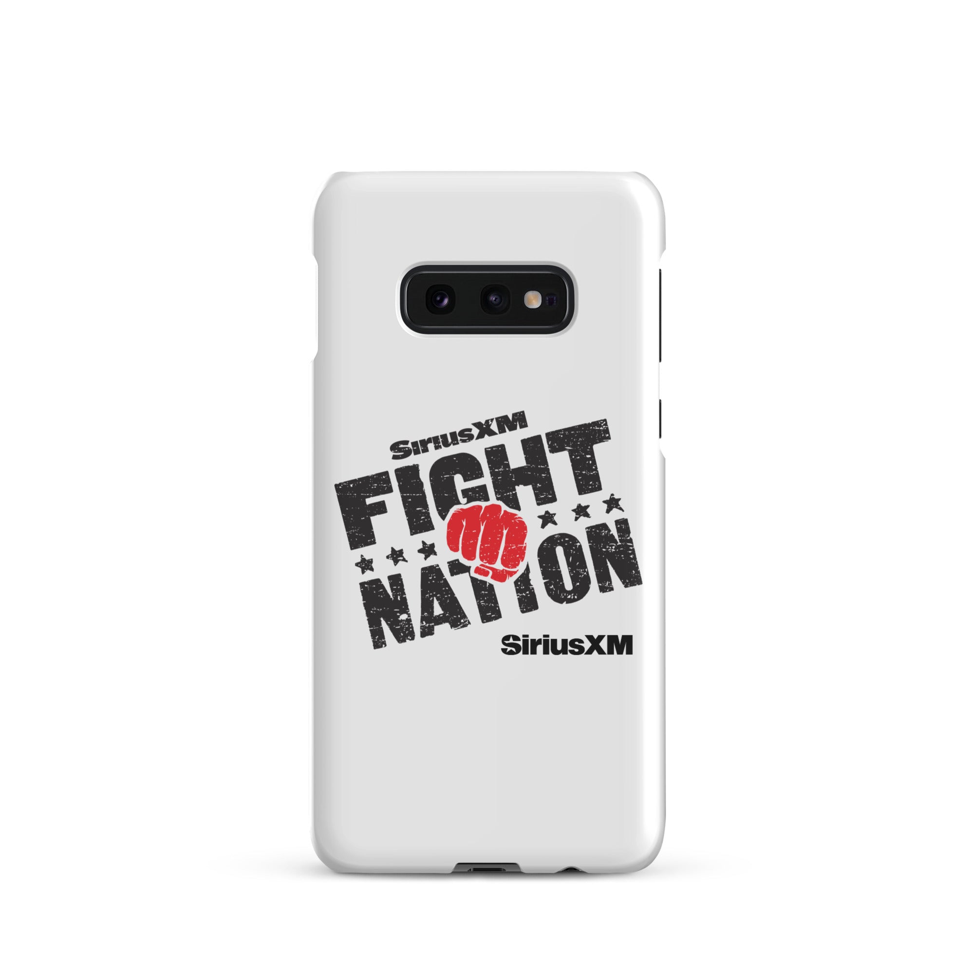 White phone case with 'SiriusXM FIGHT NATION' logo and a red fist graphic.