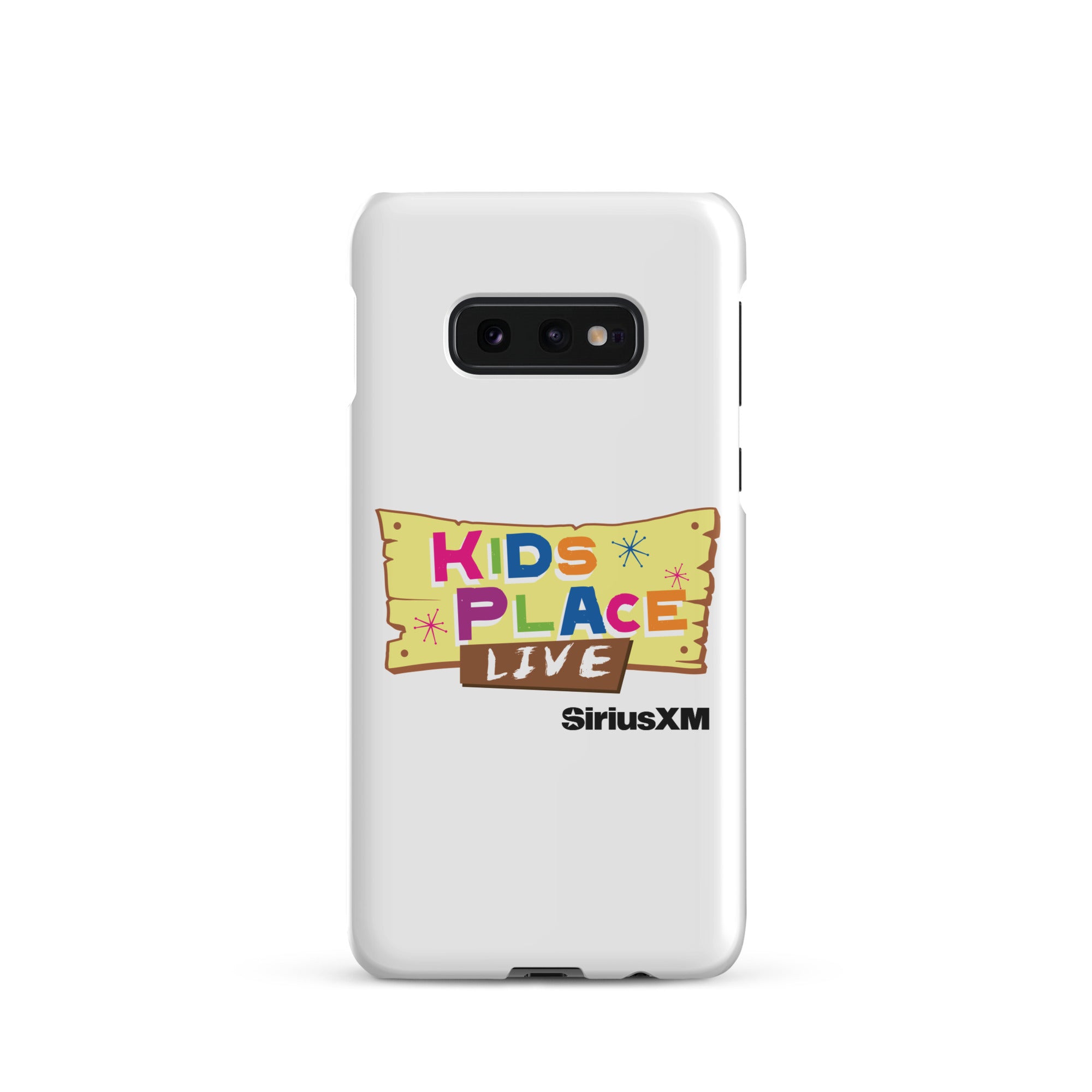Kids Place Live' logo on a white phone case featuring colorful text and 'SiriusXM' branding.