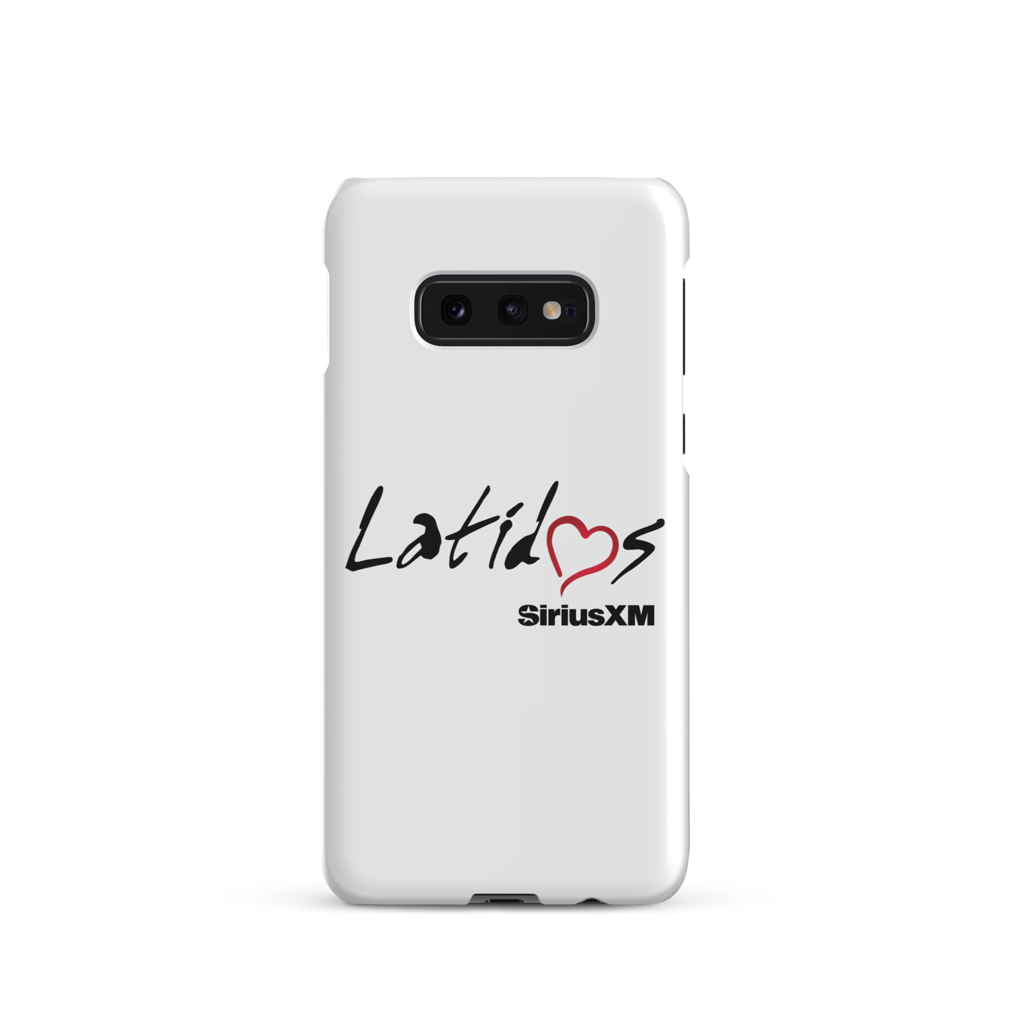 White phone case featuring 'Latidos' with a heart and 'SiriusXM' logo.
