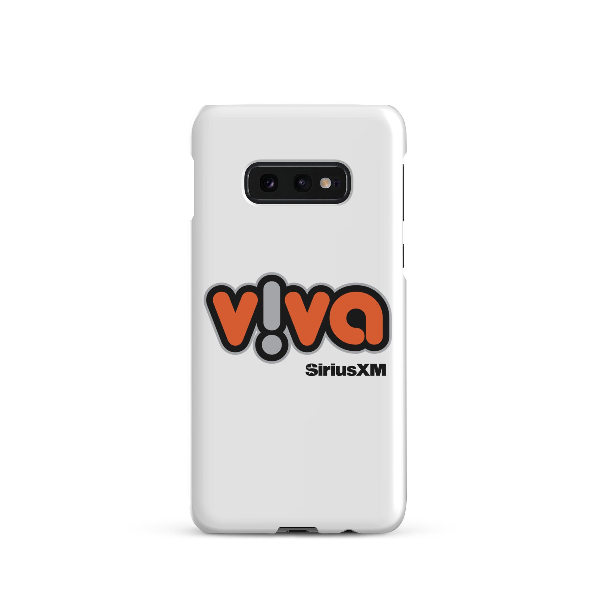 White phone case with 'viva' logo in orange and black, featuring 'SiriusXM' branding.