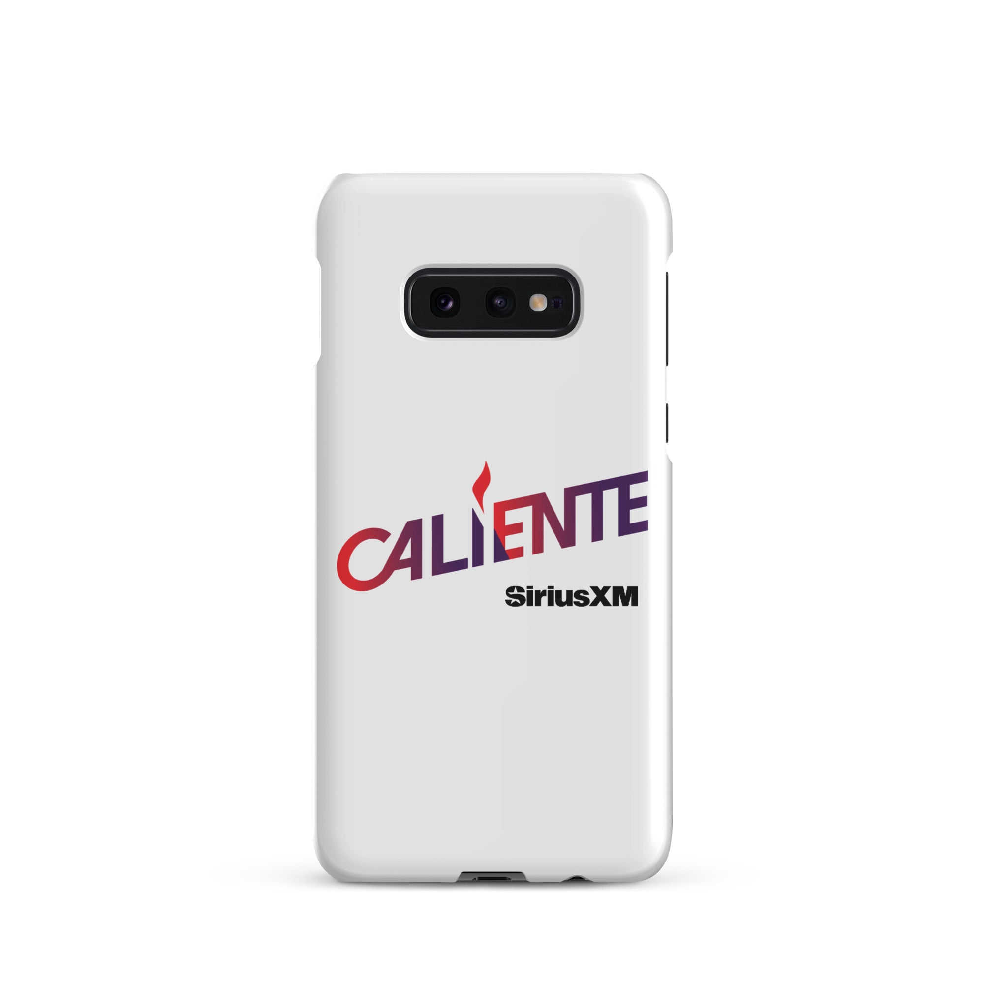 A white phone case with the word 'CALIENTE' in red and purple, and the 'SiriusXM' logo underneath.