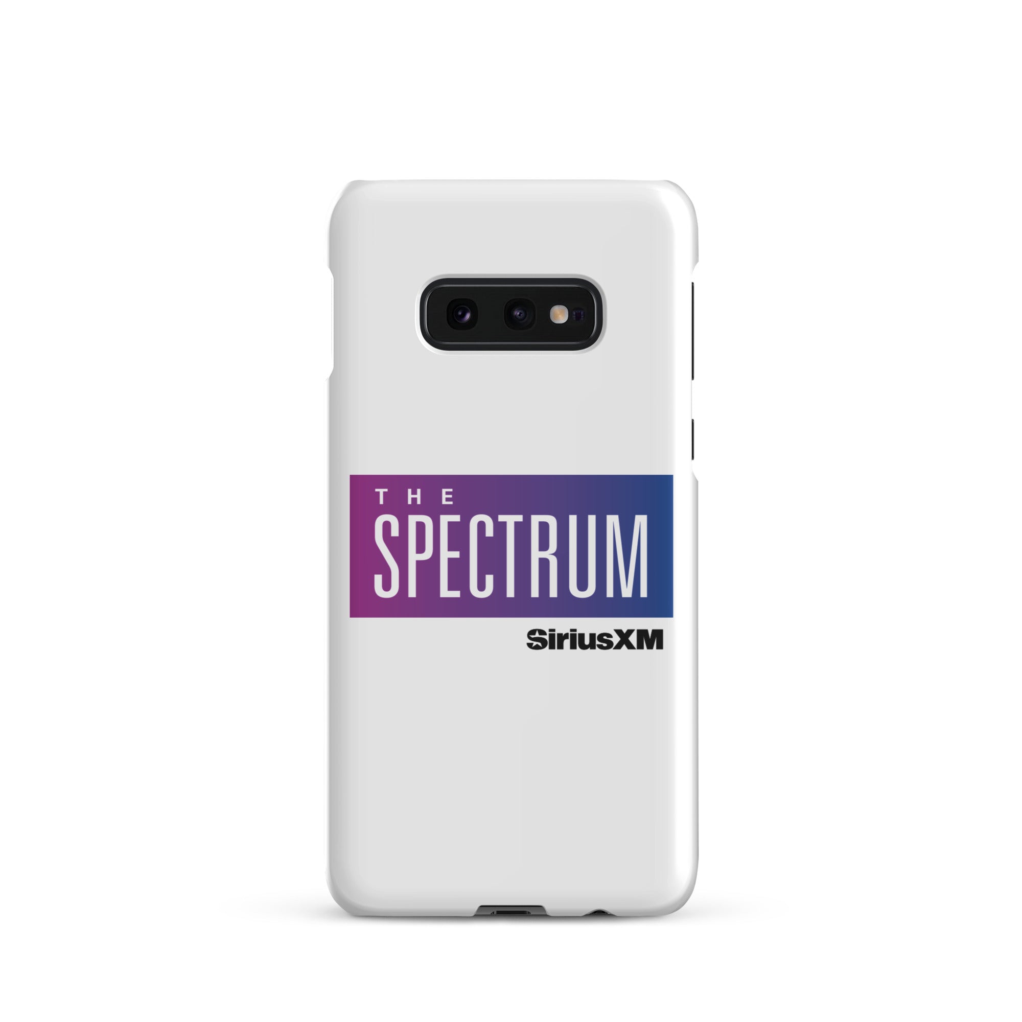 White phone case featuring 'THE SPECTRUM' logo and 'SiriusXM' text in blue and purple.