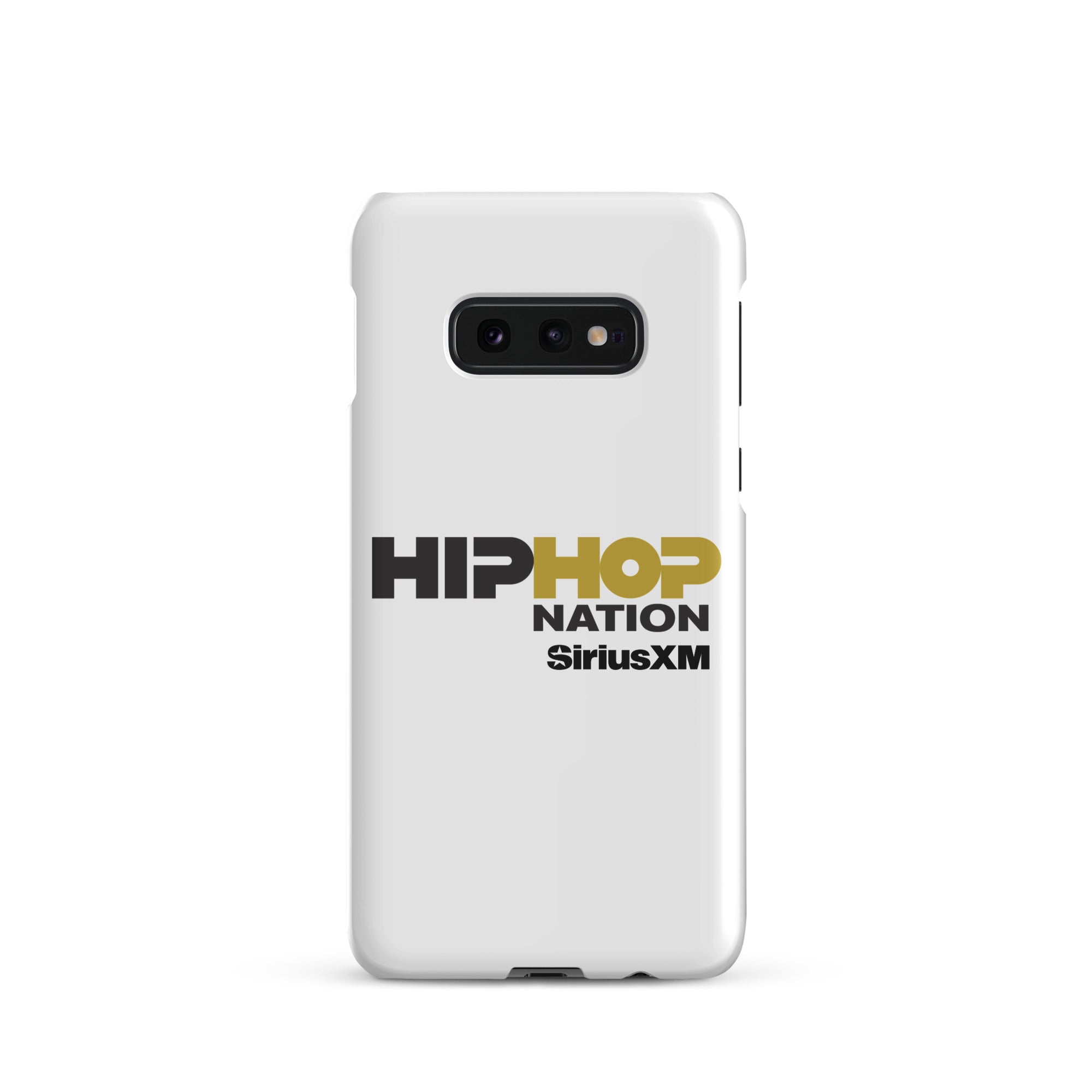 A white phone case featuring the text 'HIP HOP NATION' and 'SiriusXM' in black and gold.