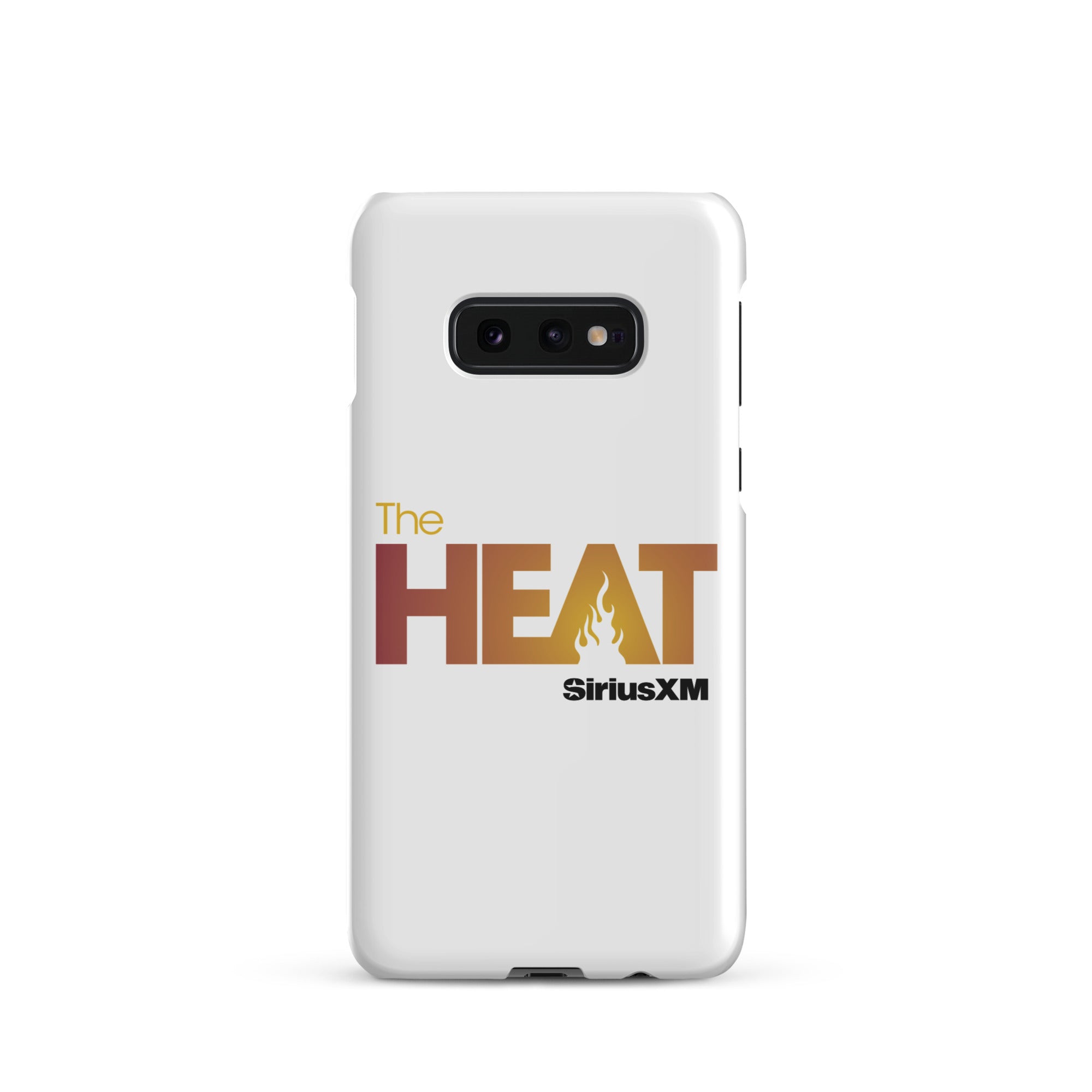 White phone case featuring 'The HEAT' logo with a flame design in orange and red hues and 'SiriusXM' branding.