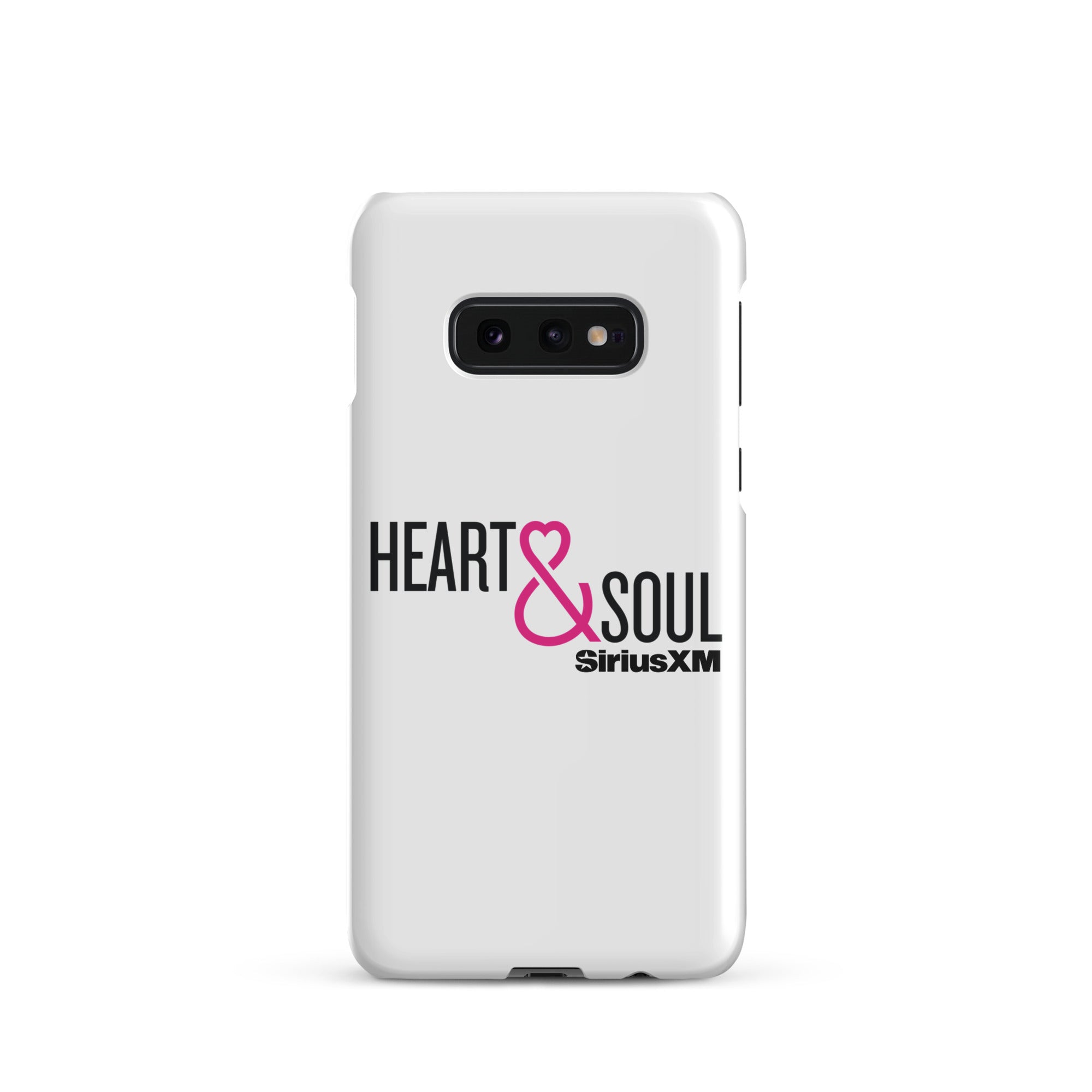 White phone case featuring 'HEART & SOUL' in black and pink text, with 'SiriusXM' logo.