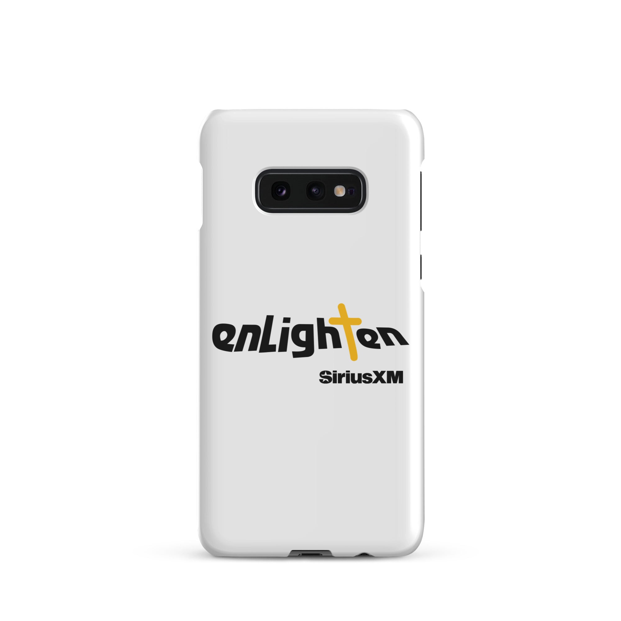 White smartphone case featuring 'enLighten' with black text and a yellow cross and 'SiriusXM' text.