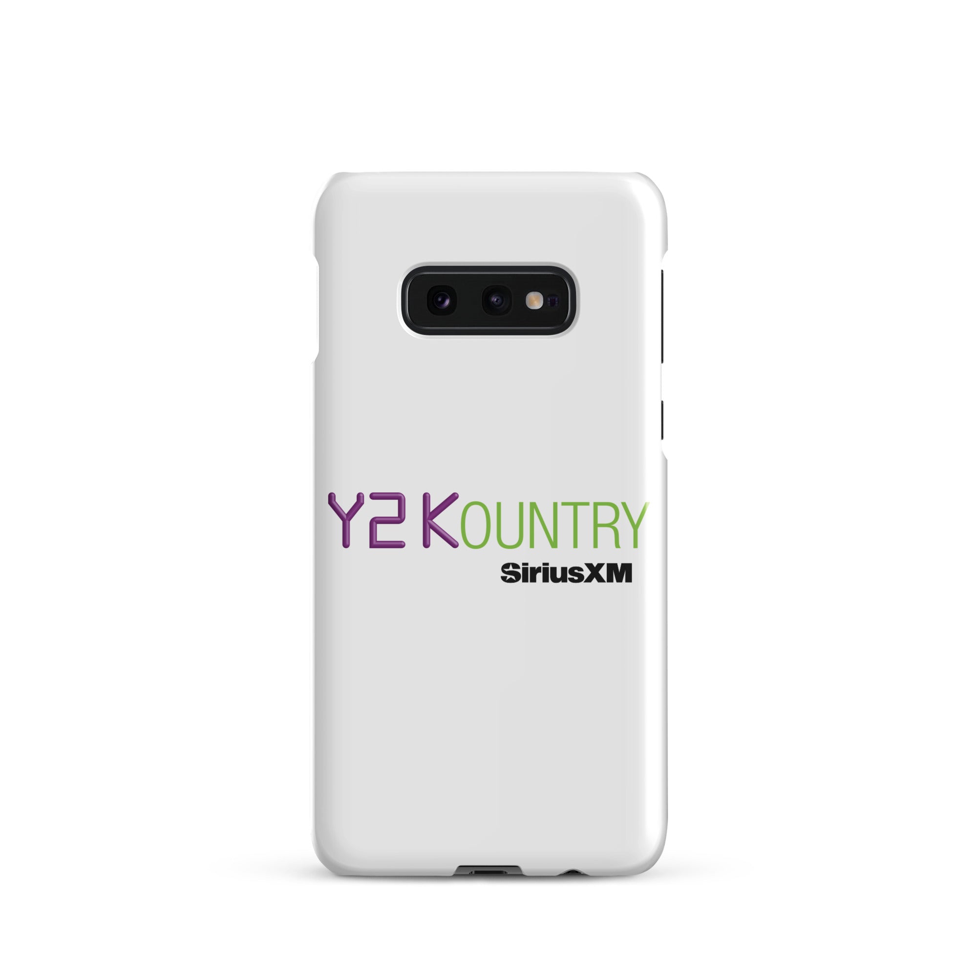 White phone case featuring 'Y2KOUNTRY' and 'SiriusXM' logos in purple and green.