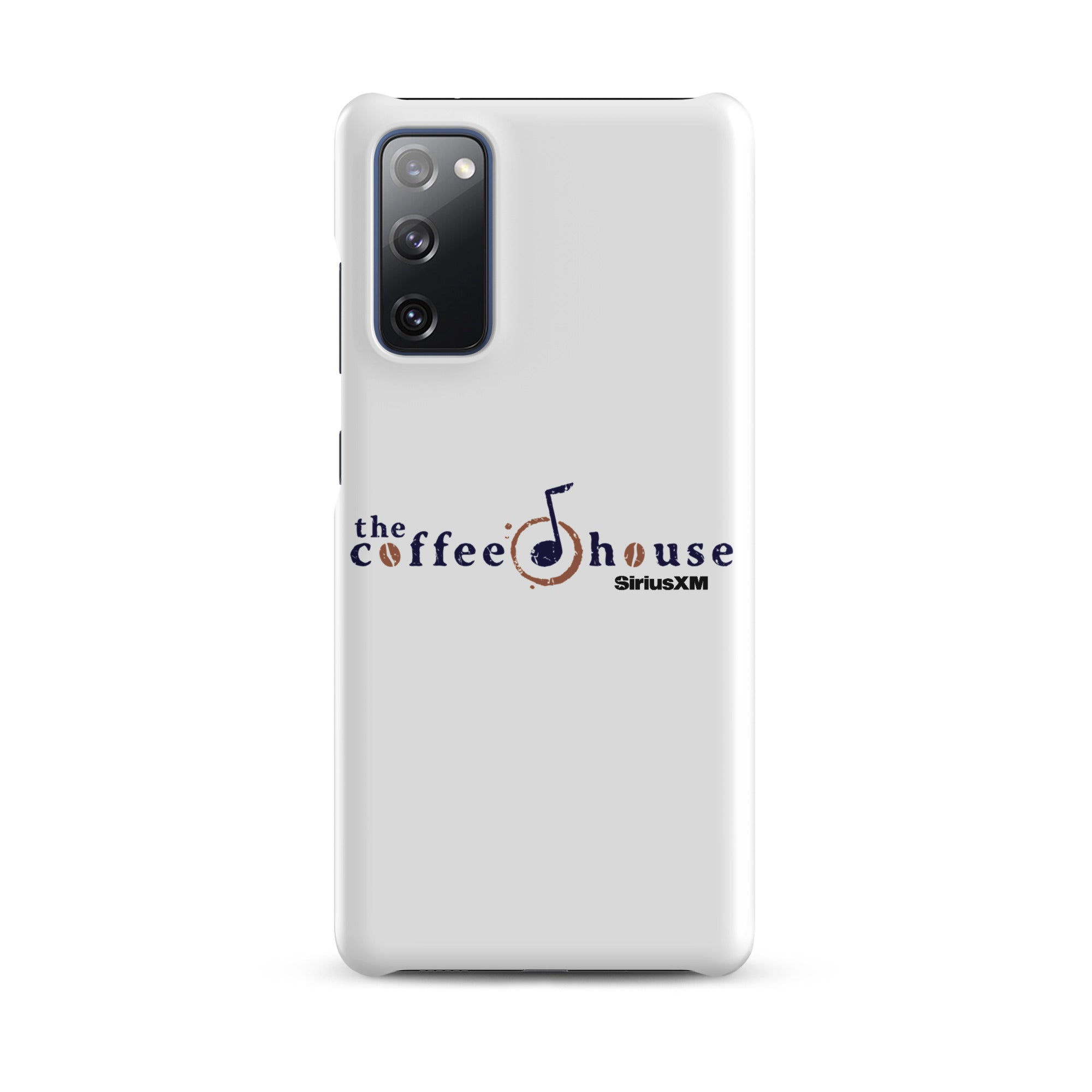 A phone case featuring the 'the coffee house' and 'SiriusXM' logos with a musical note design.