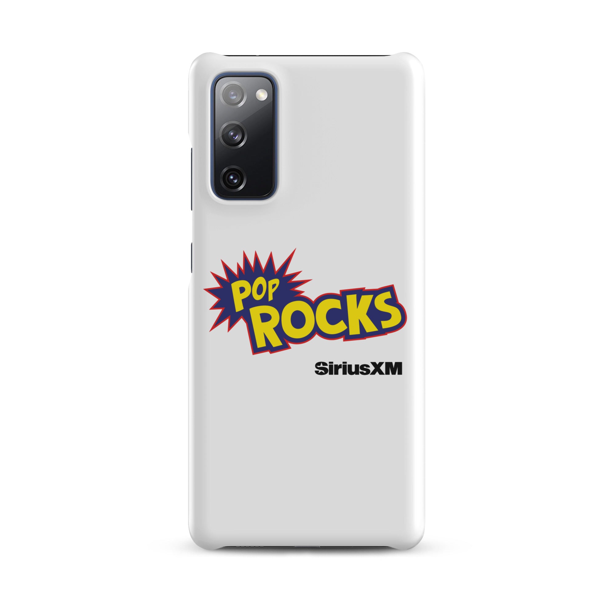 A white phone case featuring 'Pop Rocks' explosion graphic design  'SiriusXM' logo.