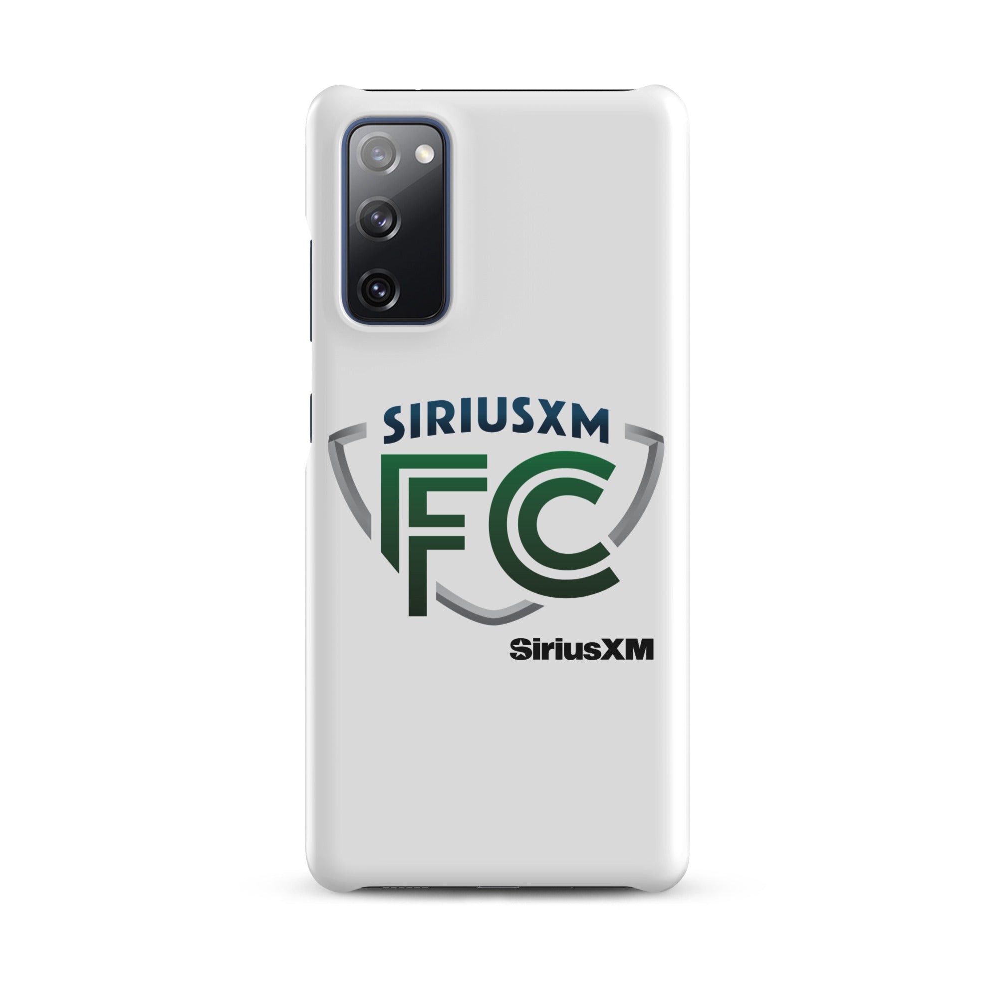 White phone case featuring 'SiriusXM FC' logo in green and blue.