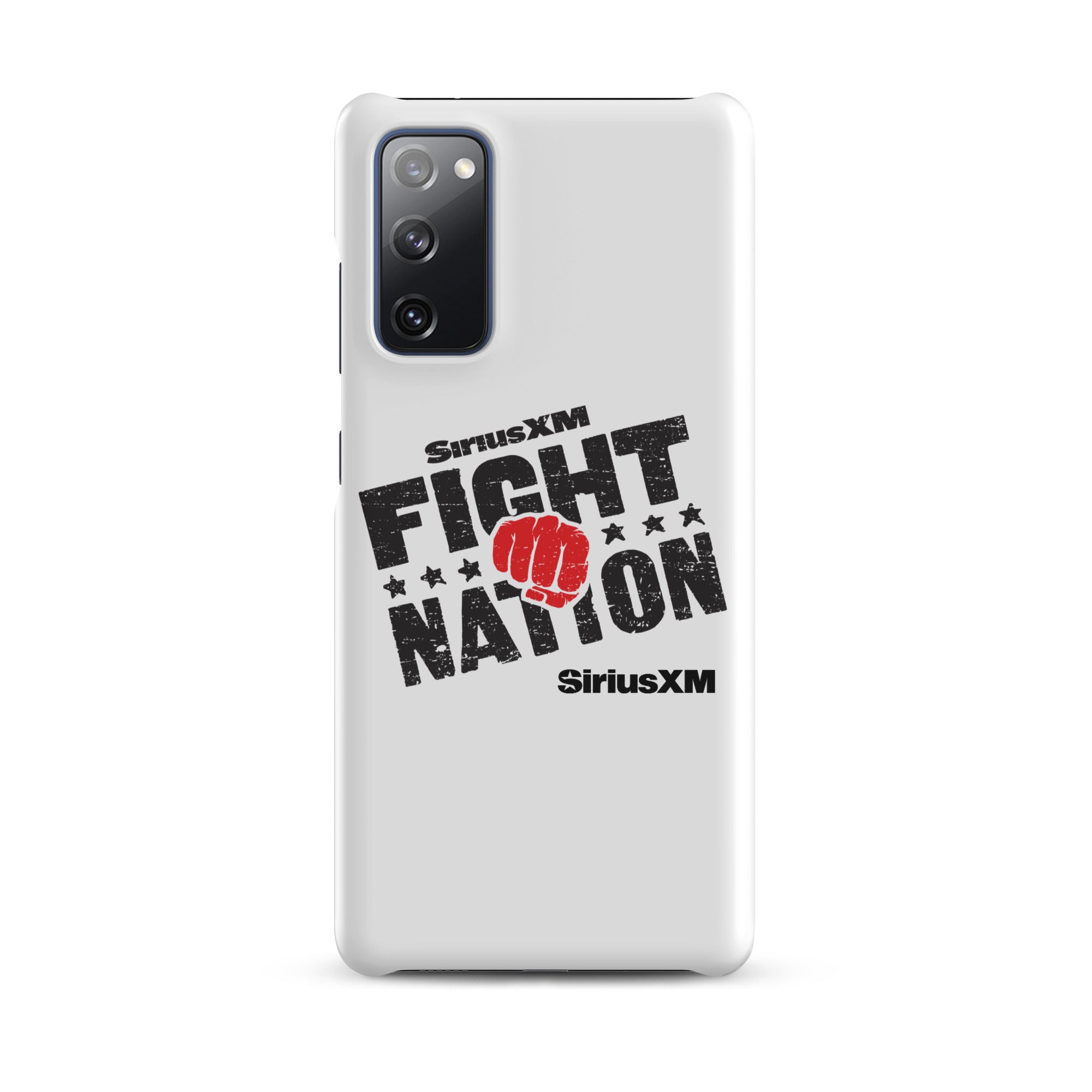 White phone case with 'SiriusXM FIGHT NATION' logo and a red fist graphic.