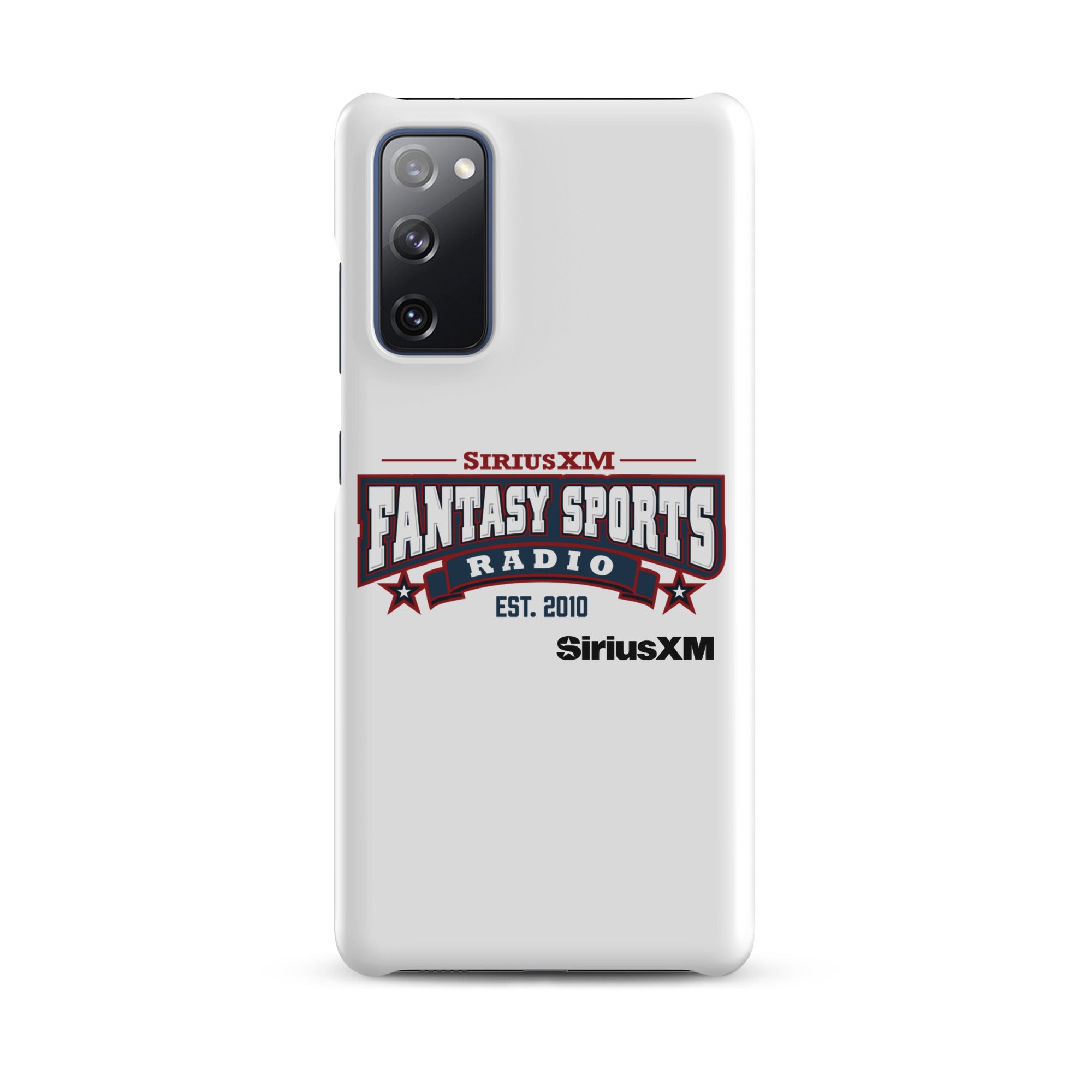 White phone case with 'SiriusXM Fantasy Sports Radio established 2010' logo, featuring red and blue design elements.