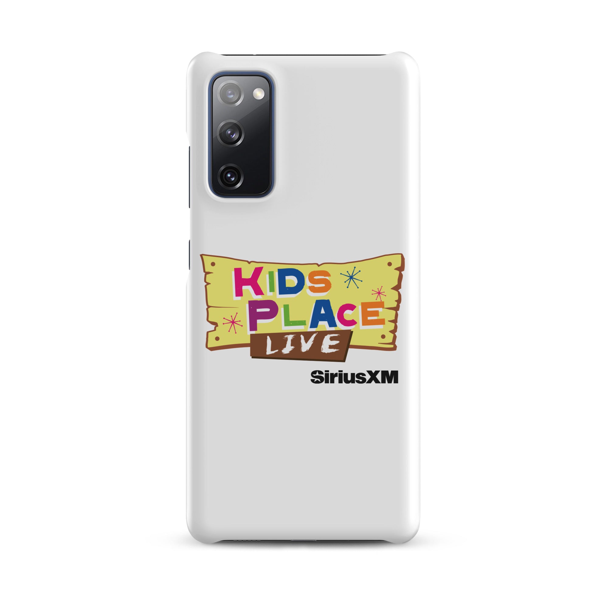 Kids Place Live' logo on a white phone case featuring colorful text and 'SiriusXM' branding.