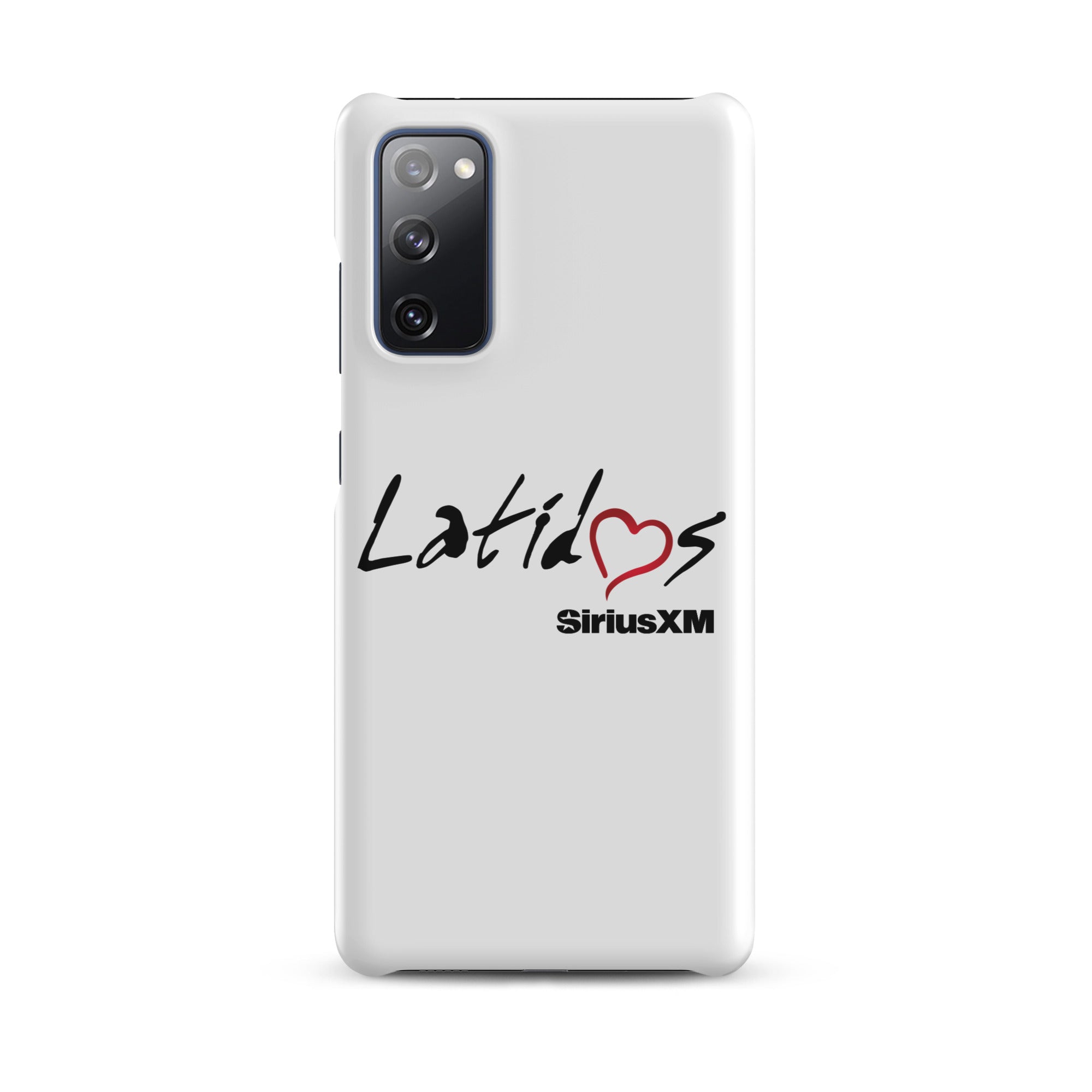White phone case featuring 'Latidos' with a heart and 'SiriusXM' logo.