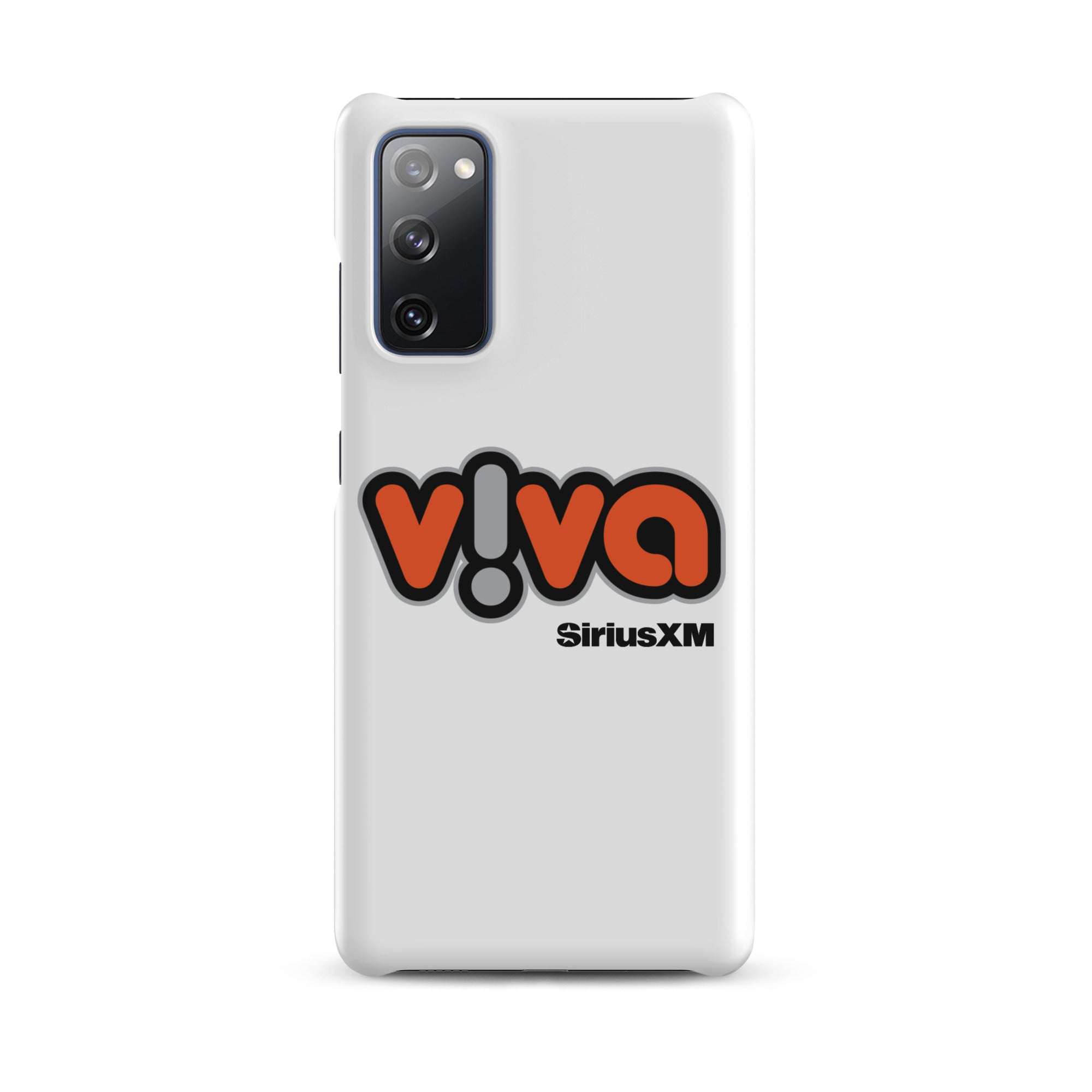 White phone case with 'viva' logo in orange and black, featuring 'SiriusXM' branding.