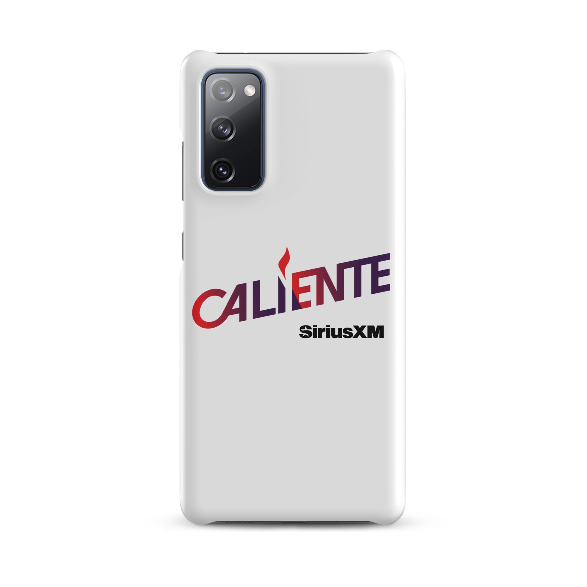A white phone case with the word 'CALIENTE' in red and purple, and the 'SiriusXM' logo underneath.