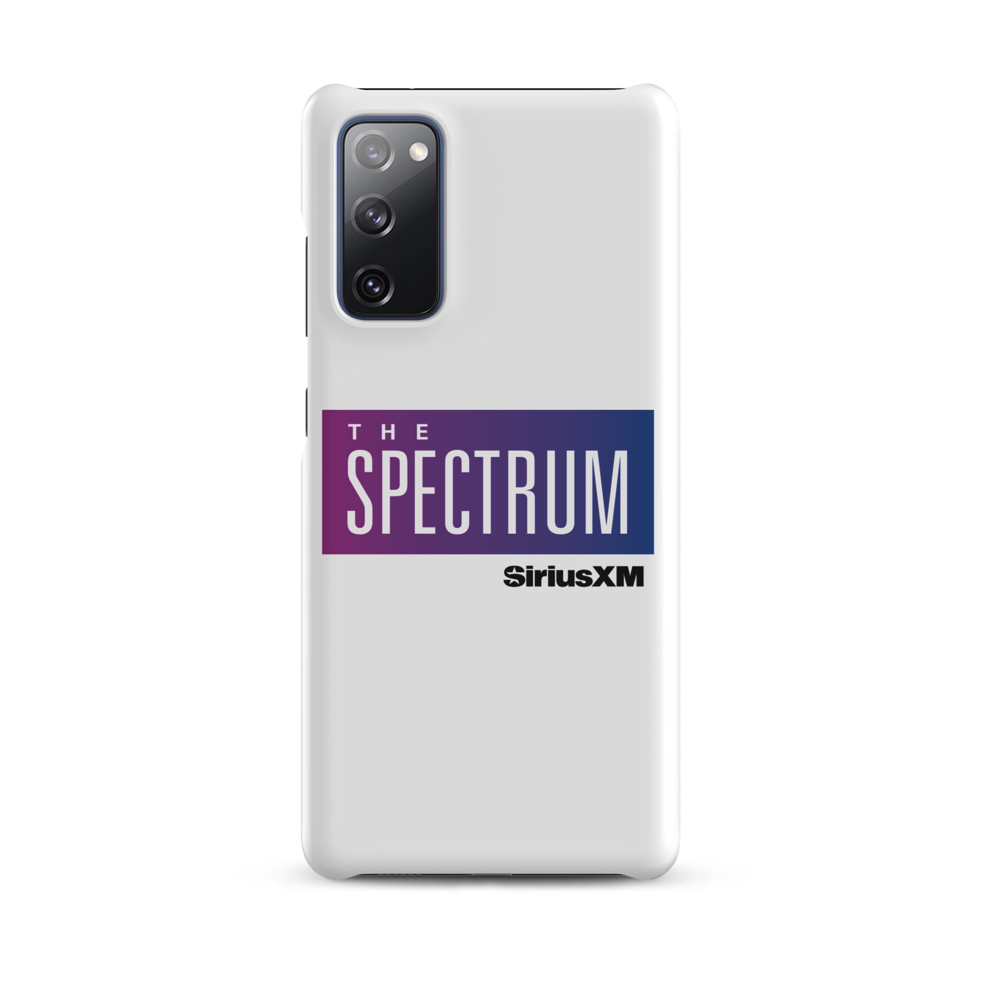 White phone case featuring 'THE SPECTRUM' logo and 'SiriusXM' text in blue and purple.