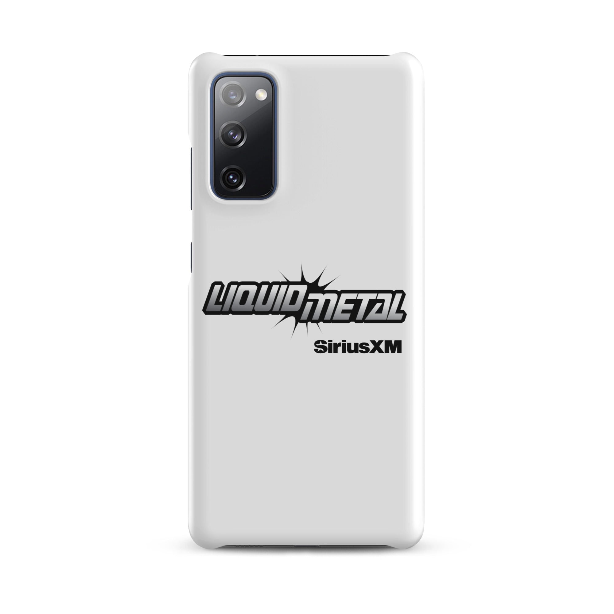 White phone case featuring 'LIQUID METAL' logo and 'SiriusXM' branding.