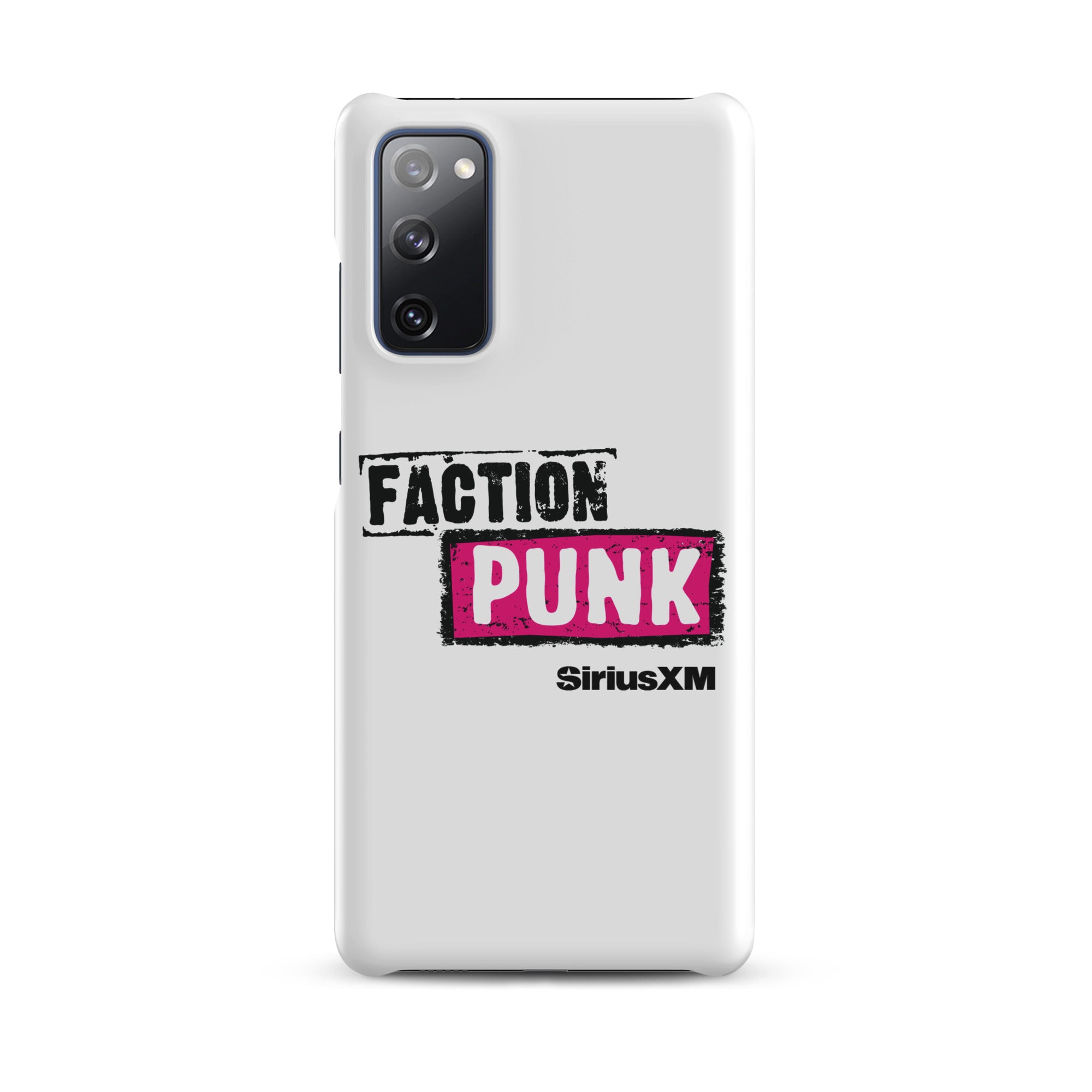 A white phone case with the words 'FACTION PUNK' in bold black and pink lettering and 'SiriusXM' branding.