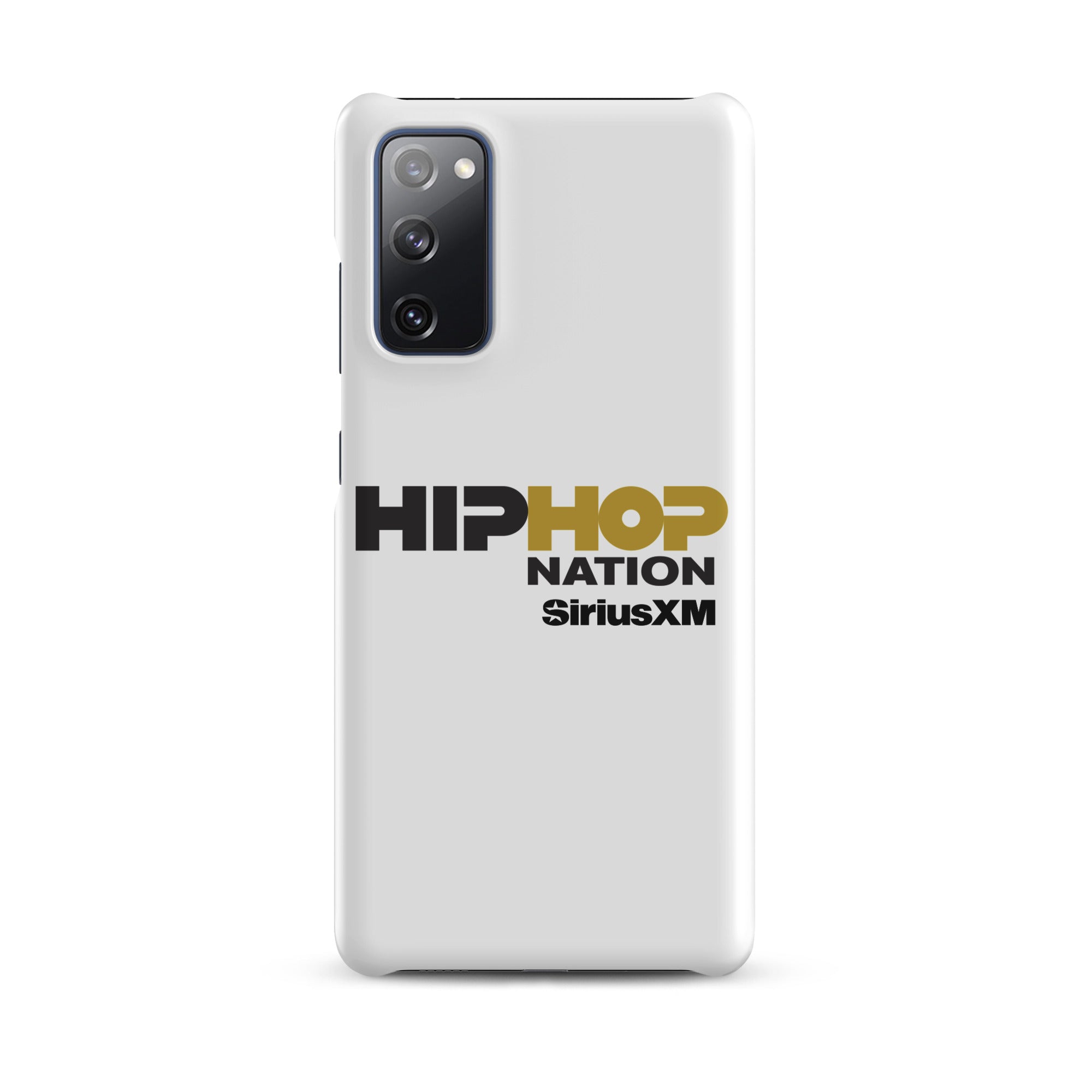A white phone case featuring the text 'HIP HOP NATION' and 'SiriusXM' in black and gold.