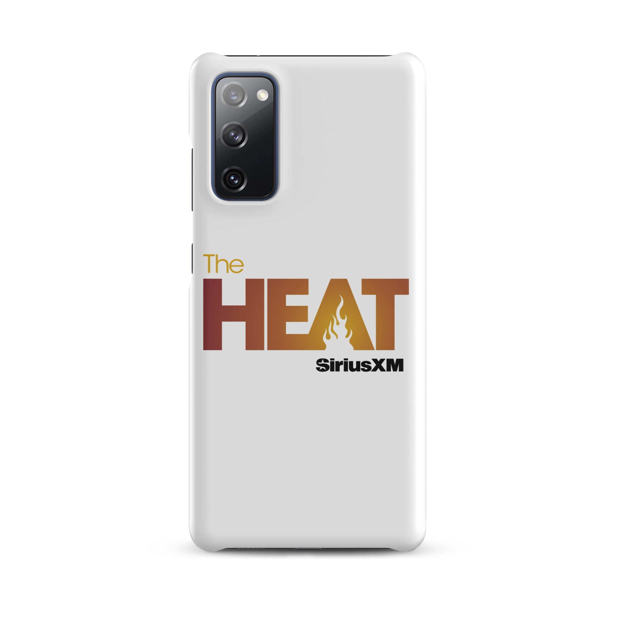 White phone case featuring 'The HEAT' logo with a flame design in orange and red hues and 'SiriusXM' branding.