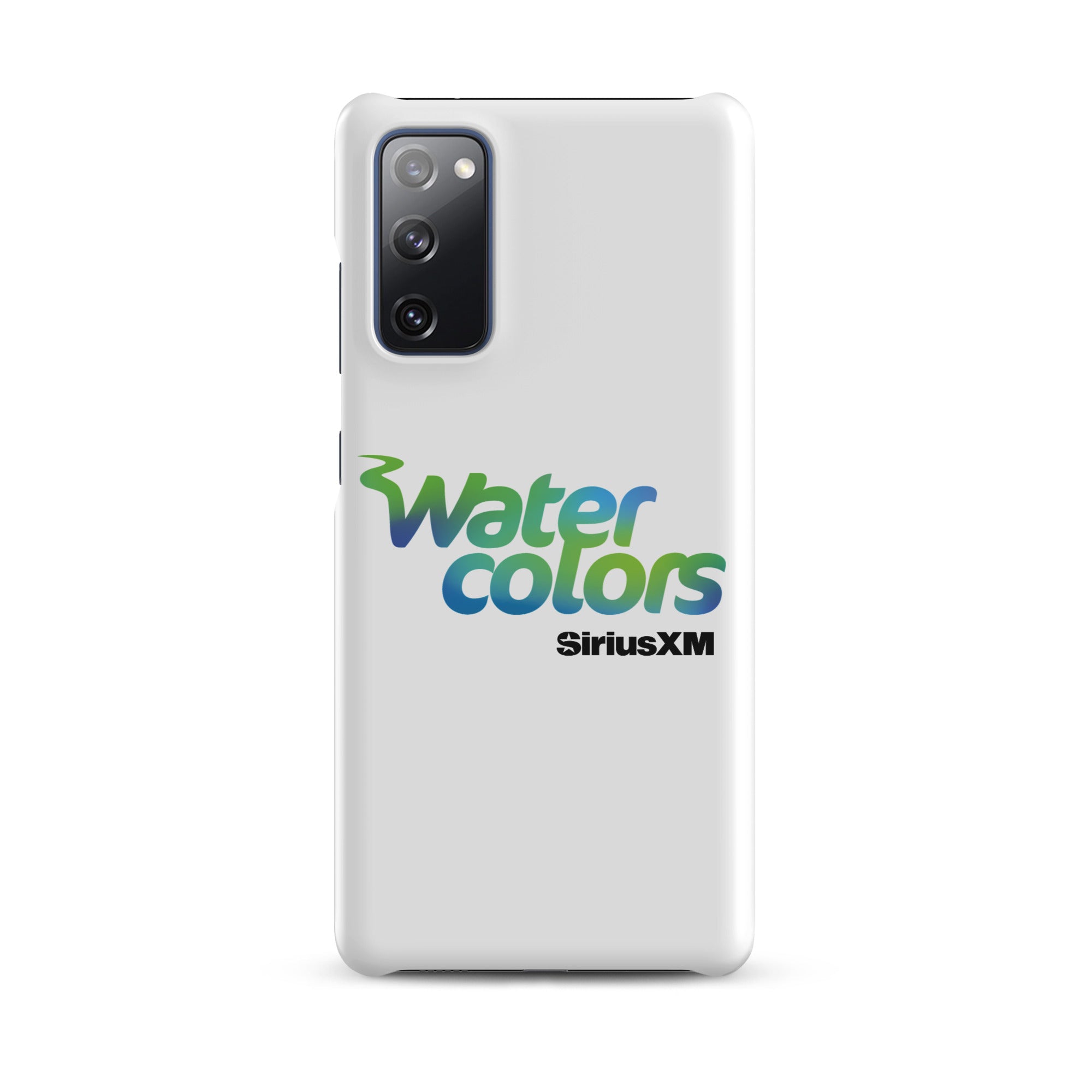 White smartphone case with 'Water colors' logo in blue and green, and 'SiriusXM' in black.