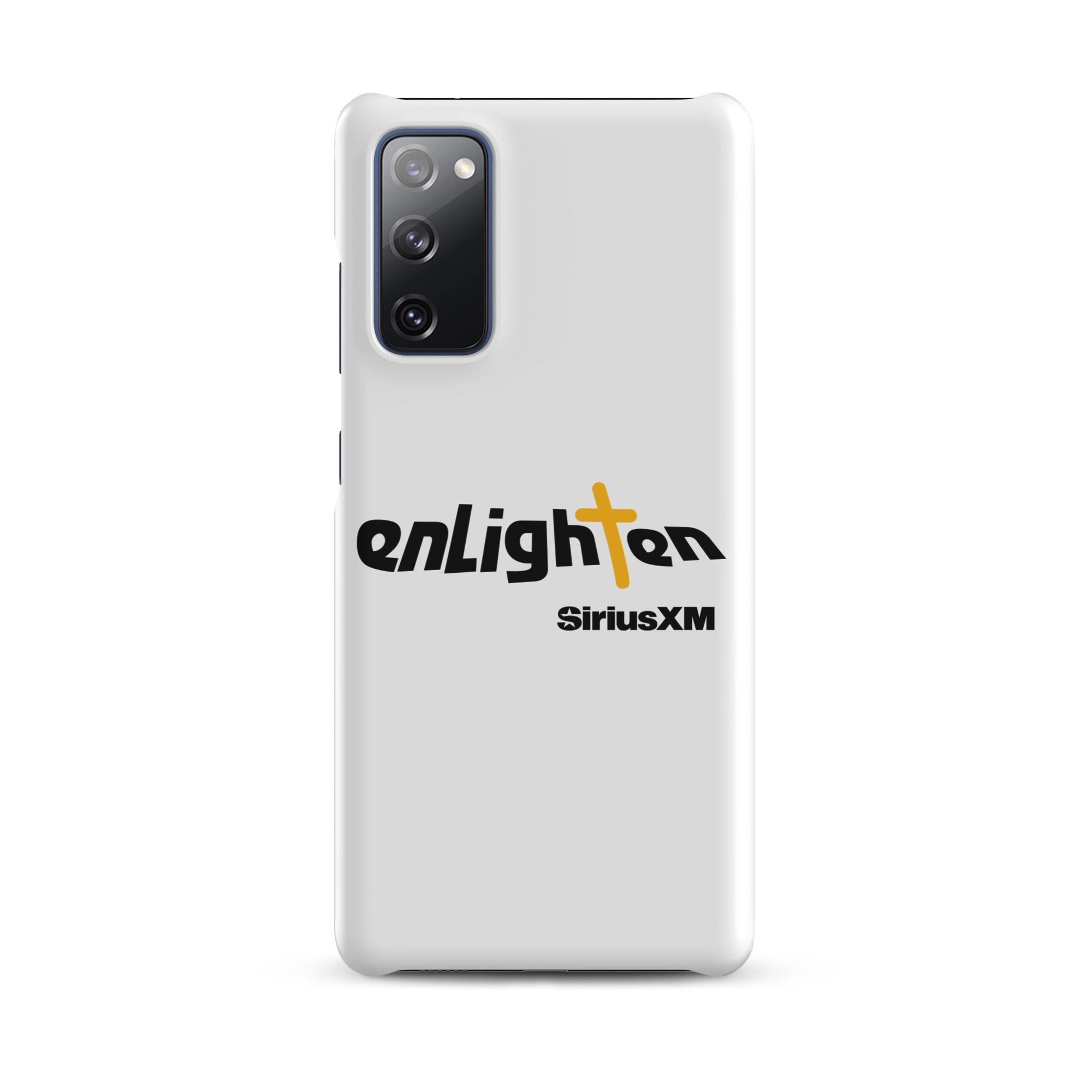 White smartphone case featuring 'enLighten' with black text and a yellow cross and 'SiriusXM' text.