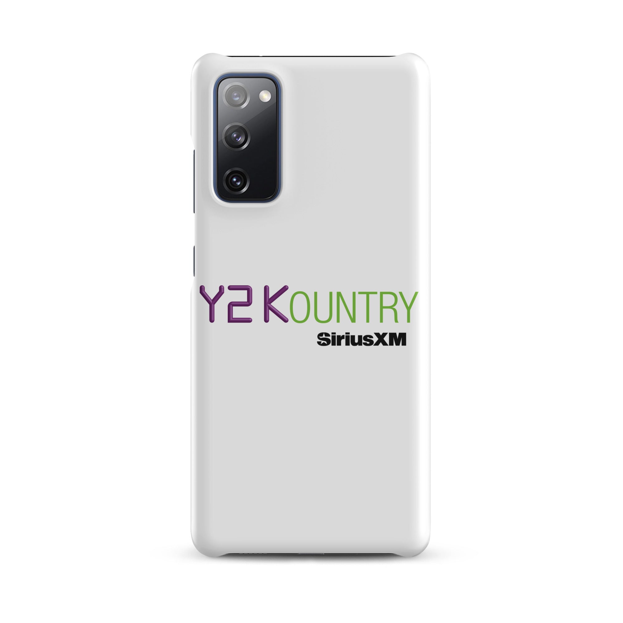 White phone case featuring 'Y2KOUNTRY' and 'SiriusXM' logos in purple and green.