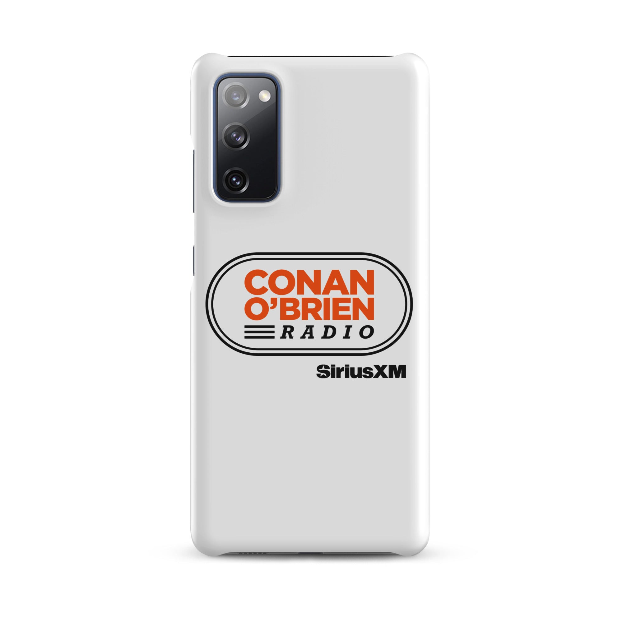 White phone case featuring 'CONAN O'BRIEN RADIO' and 'SiriusXM' logos.