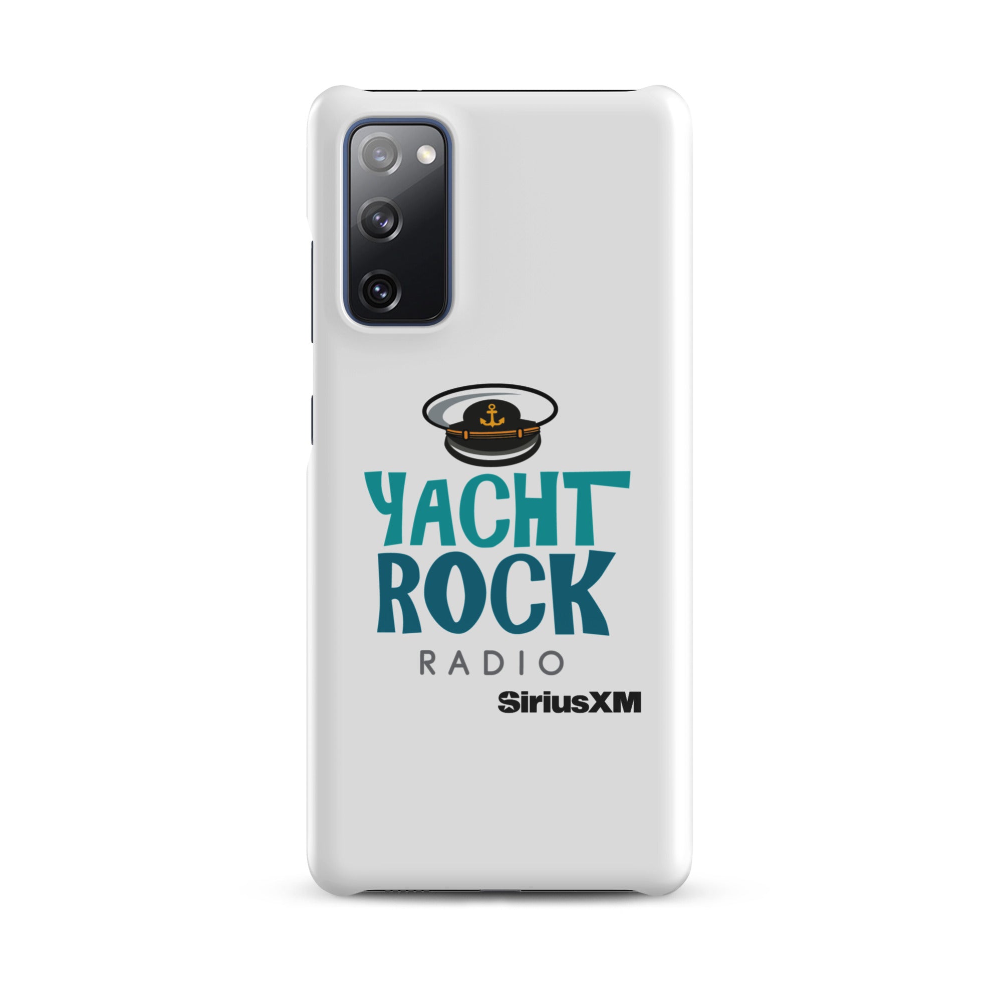 White phone case featuring 'Yacht Rock Radio' logo with a captain's hat and 'SiriusXM' branding.