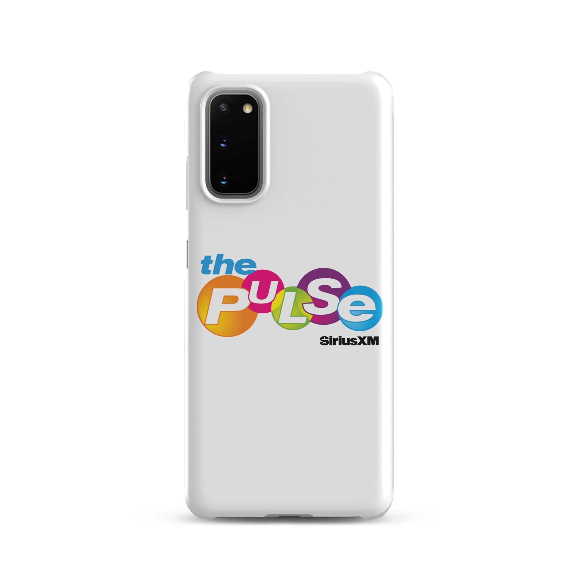 A white phone case featuring the colorful logo 'the PULSe SiriusXM.'