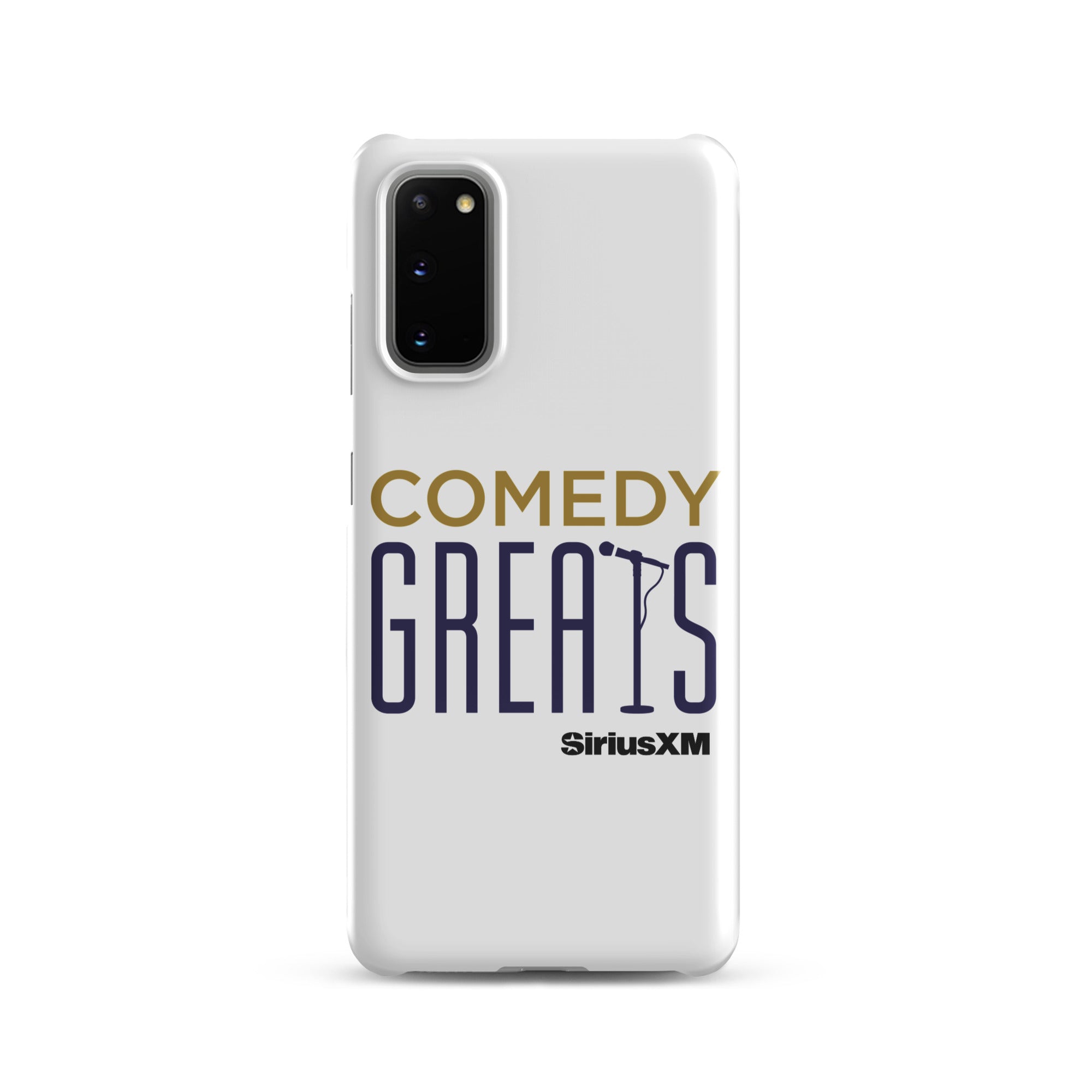 White phone case with 'COMEDY GREATS' logo and a microphone icon, featuring the 'SiriusXM' logo.