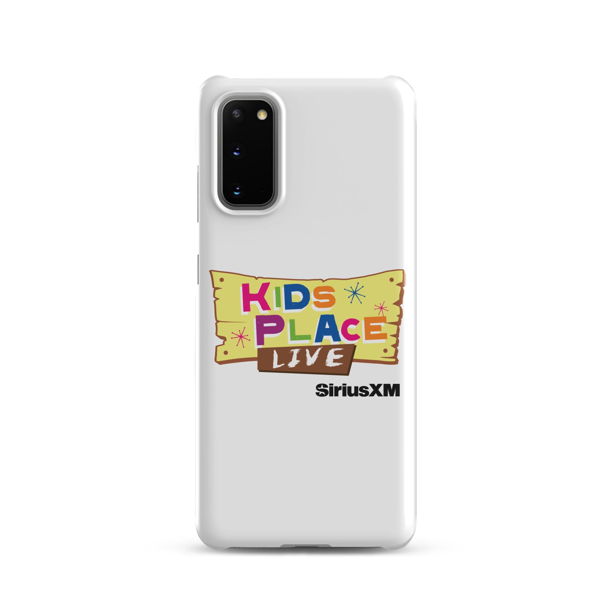Kids Place Live' logo on a white phone case featuring colorful text and 'SiriusXM' branding.
