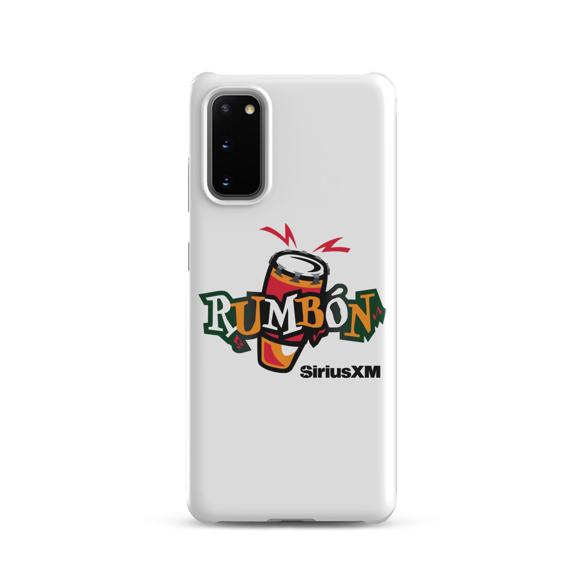 White phone case featuring a colorful 'Rumbón' logo with a conga drum and 'SiriusXM' branding.