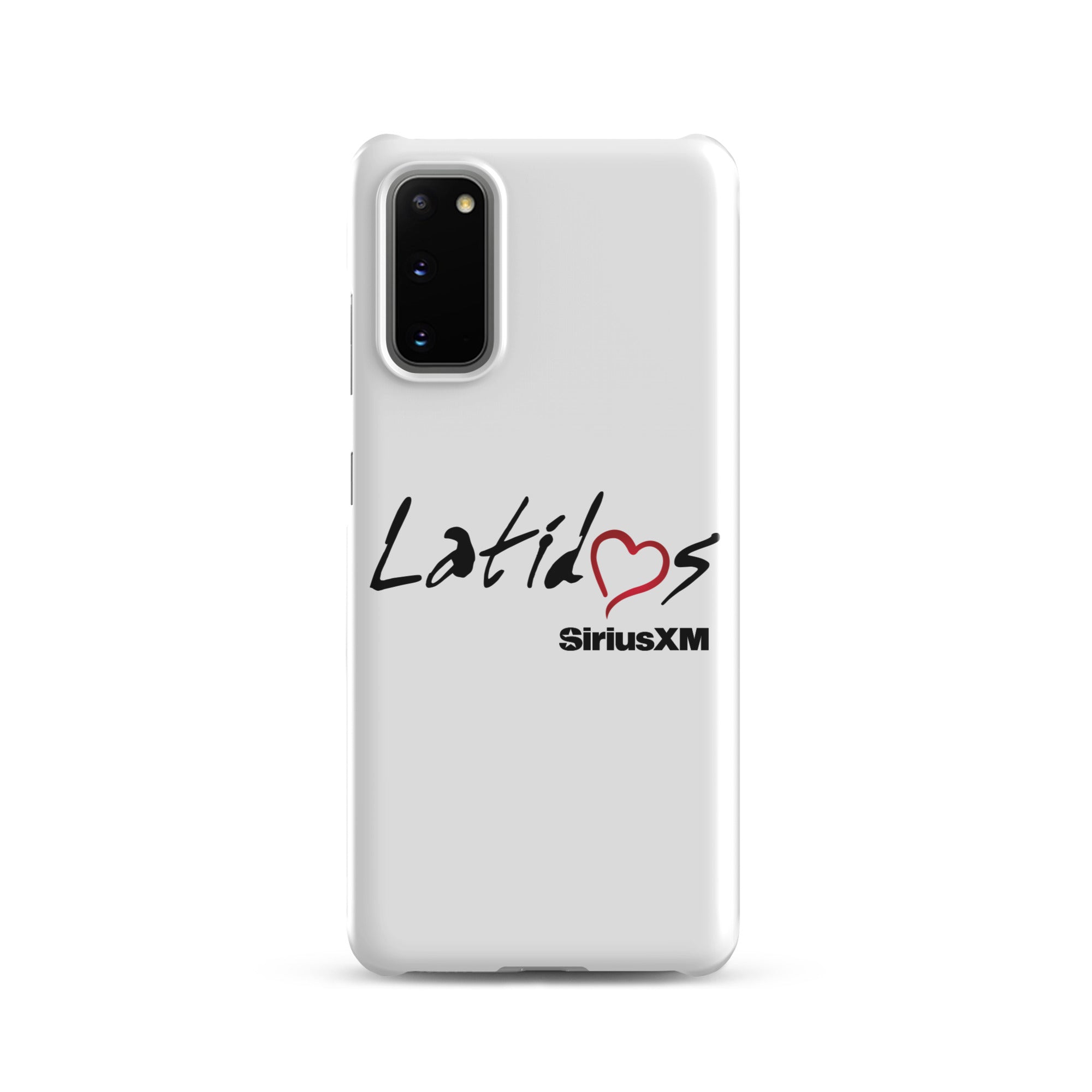 White phone case featuring 'Latidos' with a heart and 'SiriusXM' logo.