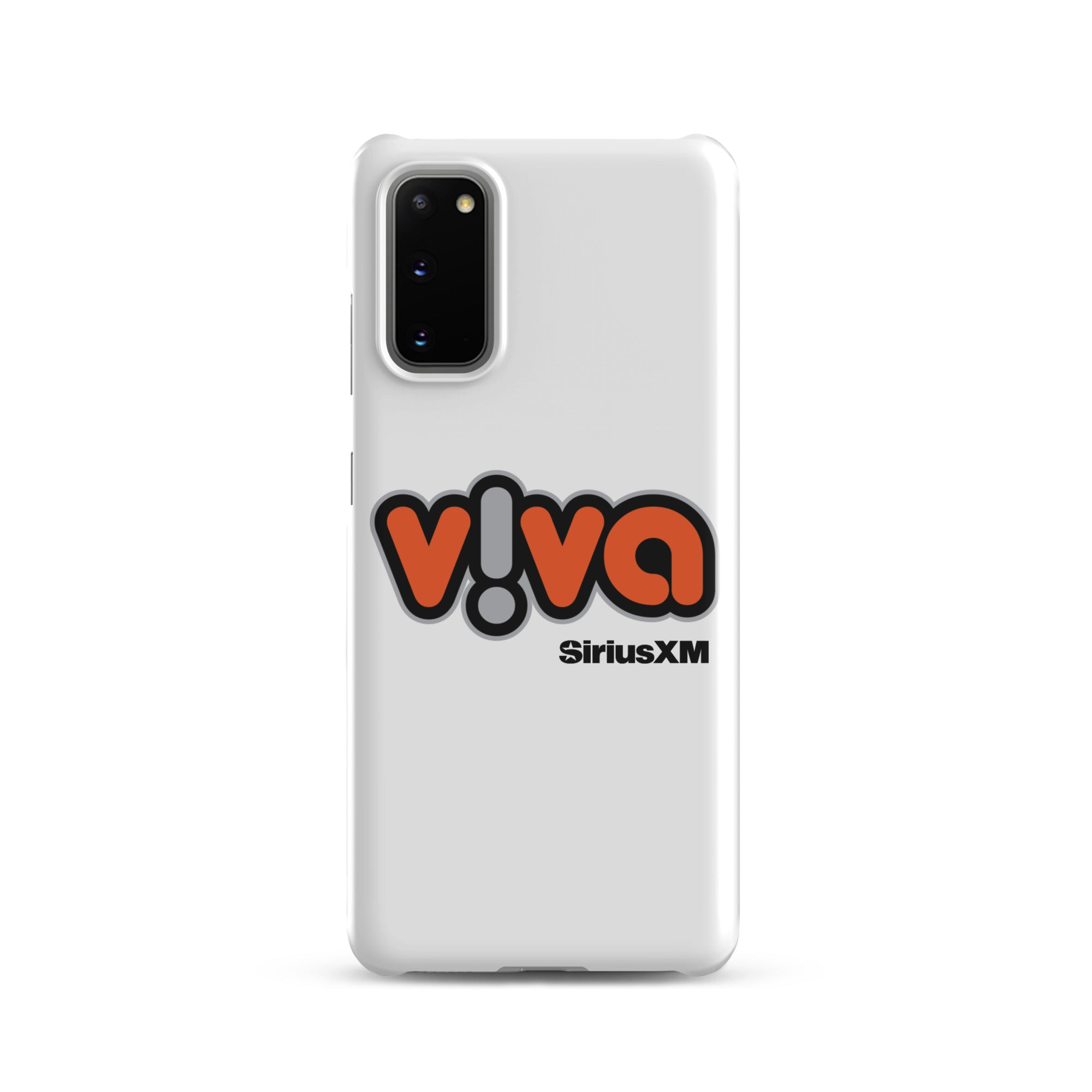 White phone case with 'viva' logo in orange and black, featuring 'SiriusXM' branding.
