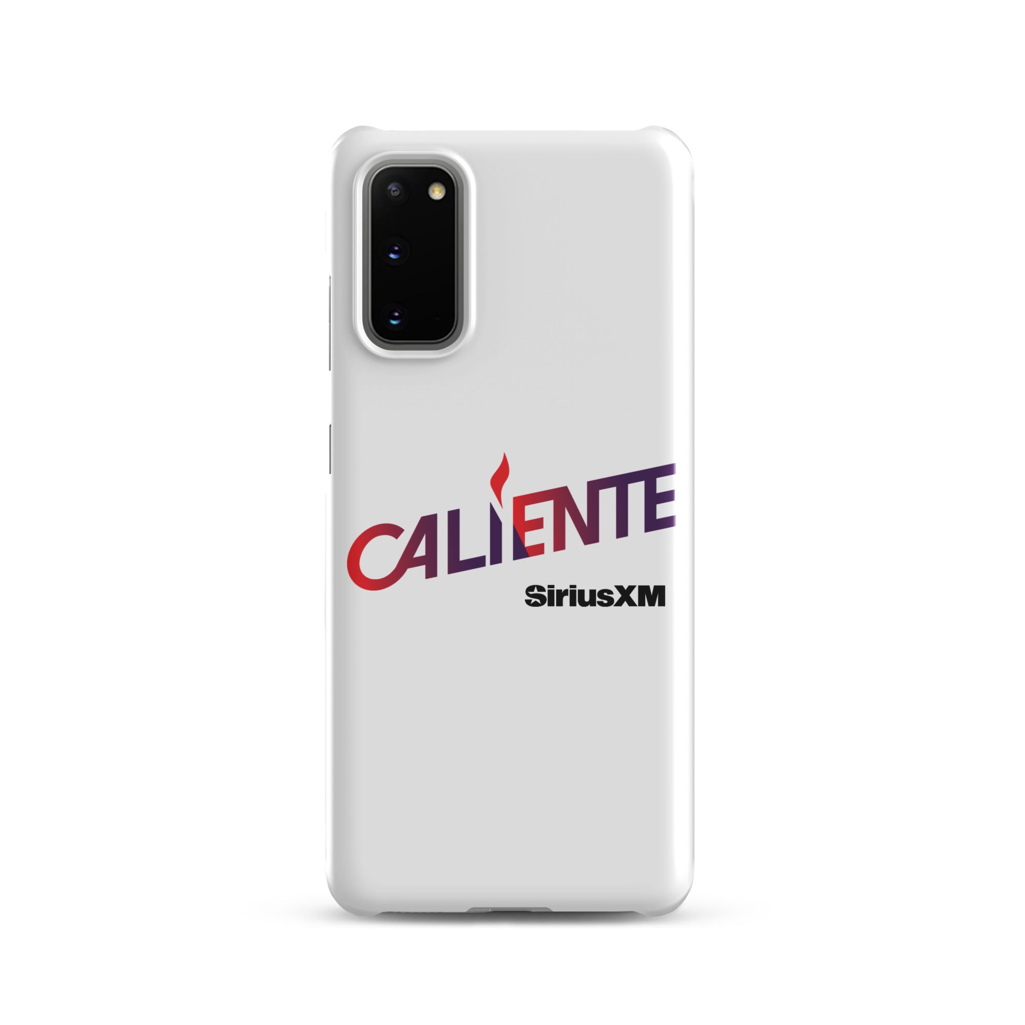 A white phone case with the word 'CALIENTE' in red and purple, and the 'SiriusXM' logo underneath.