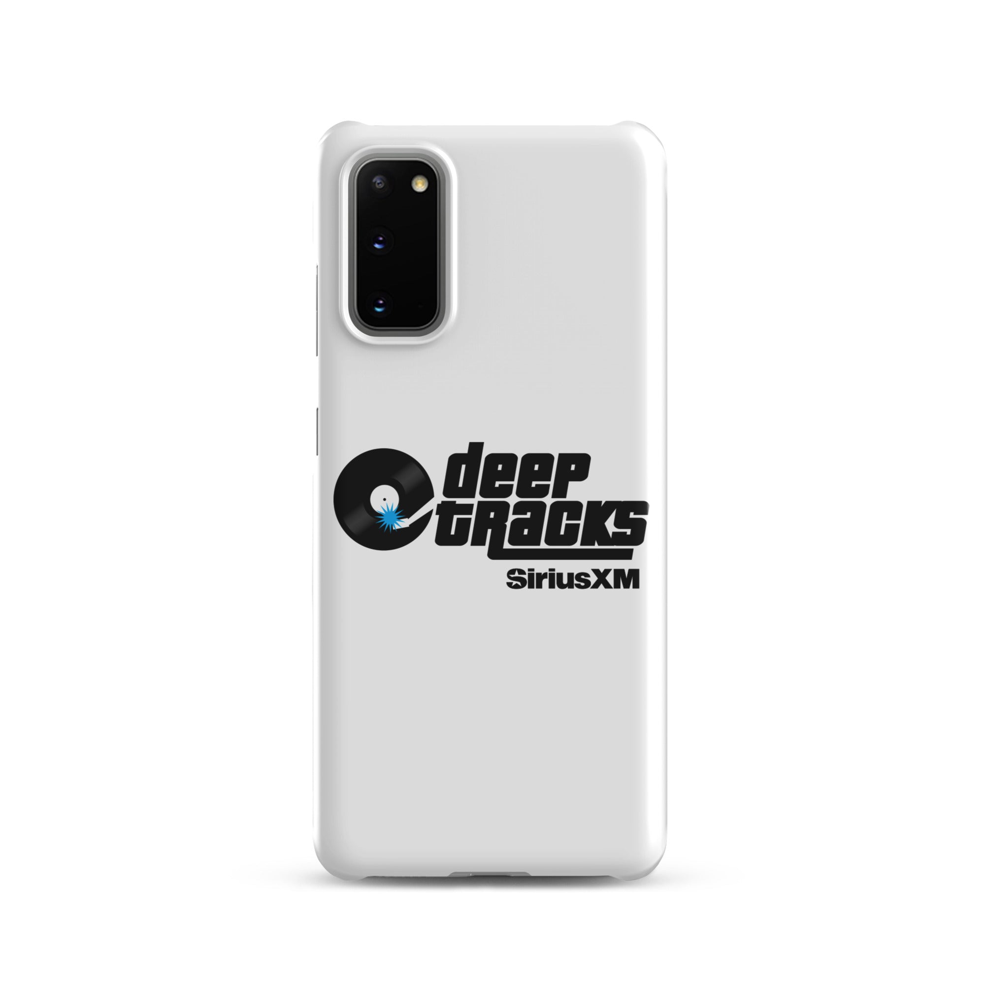 White smartphone case featuring the 'deep tracks' logo and 'SiriusXM' branding.