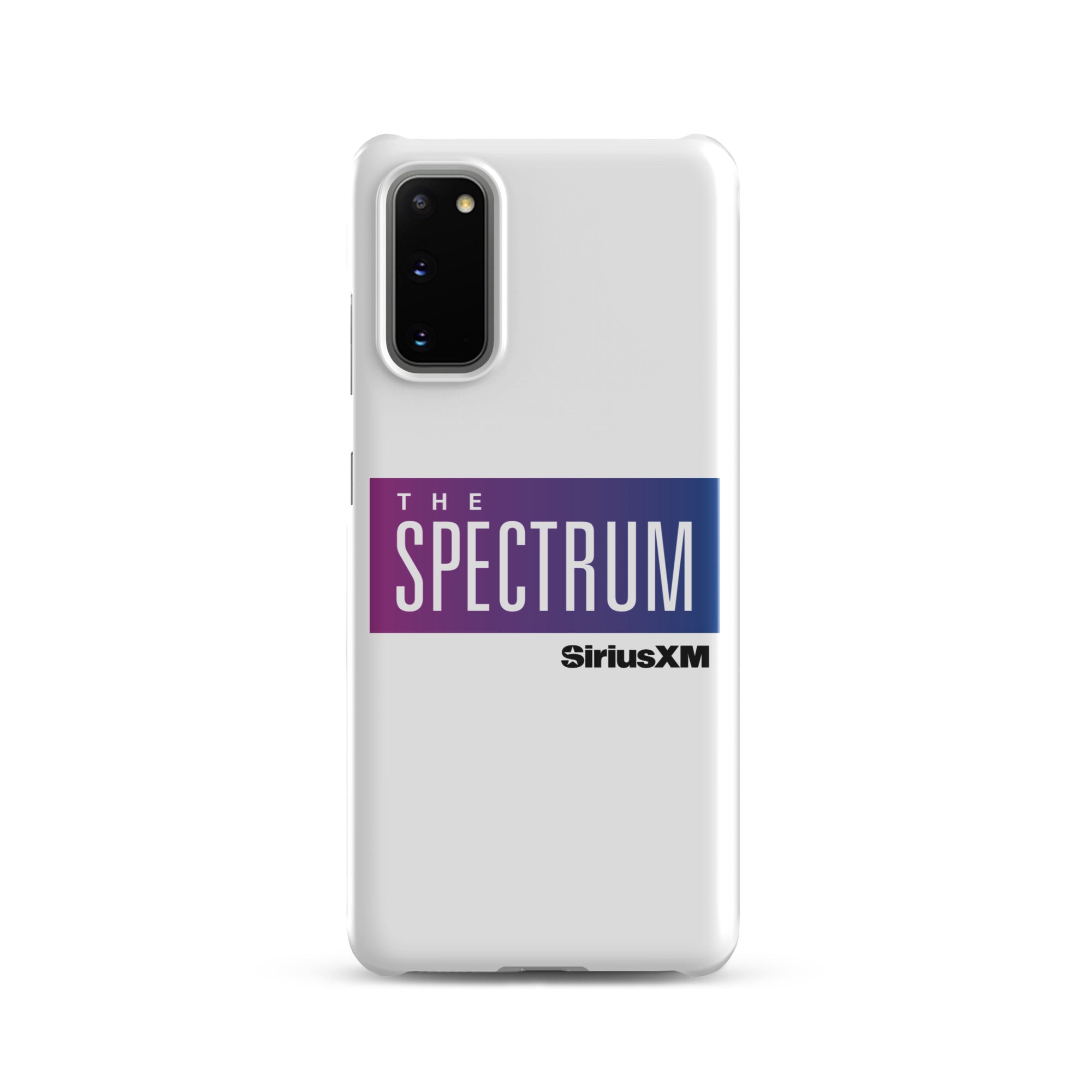 White phone case featuring 'THE SPECTRUM' logo and 'SiriusXM' text in blue and purple.