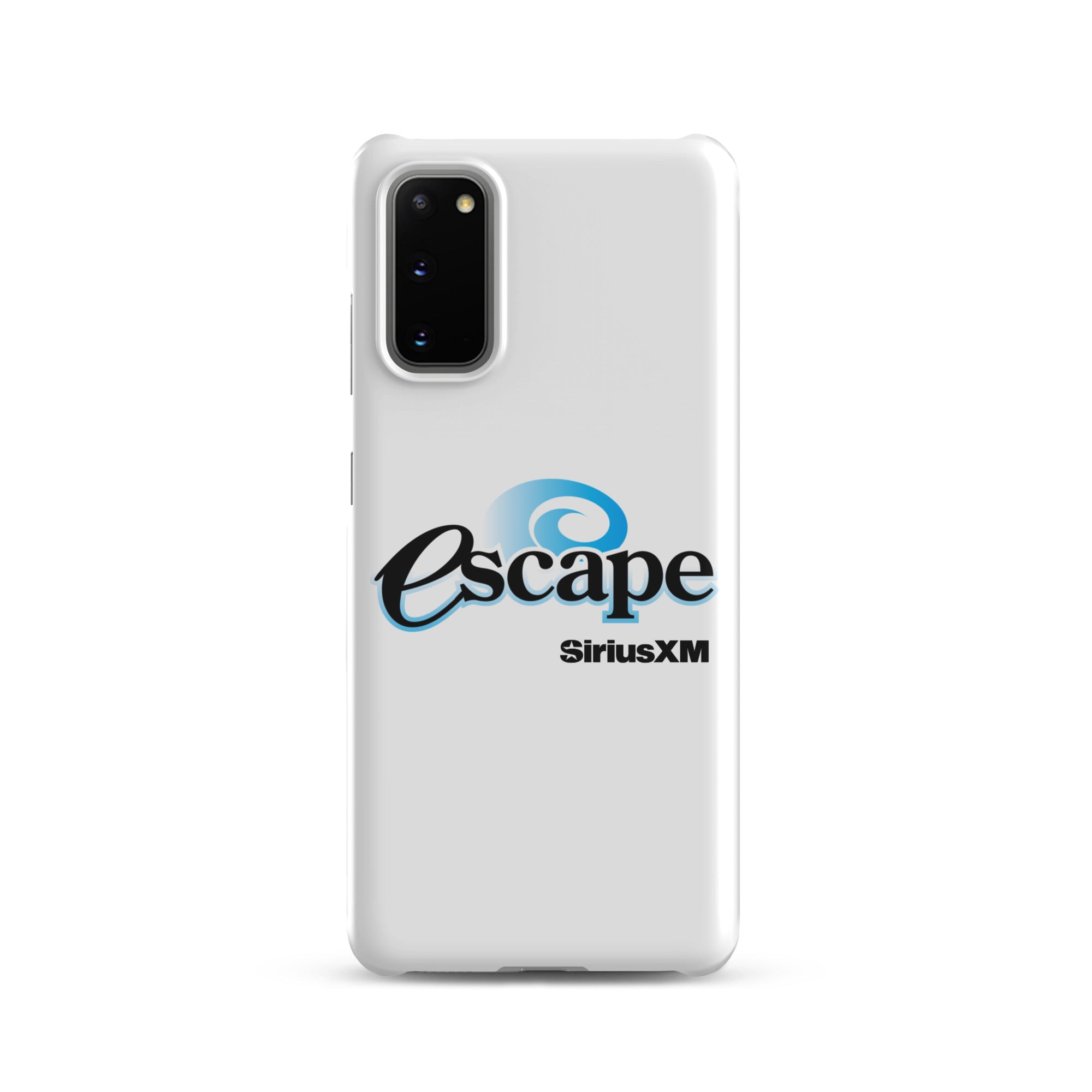 White phone case featuring the 'escape' logo and 'SiriusXM' branding.