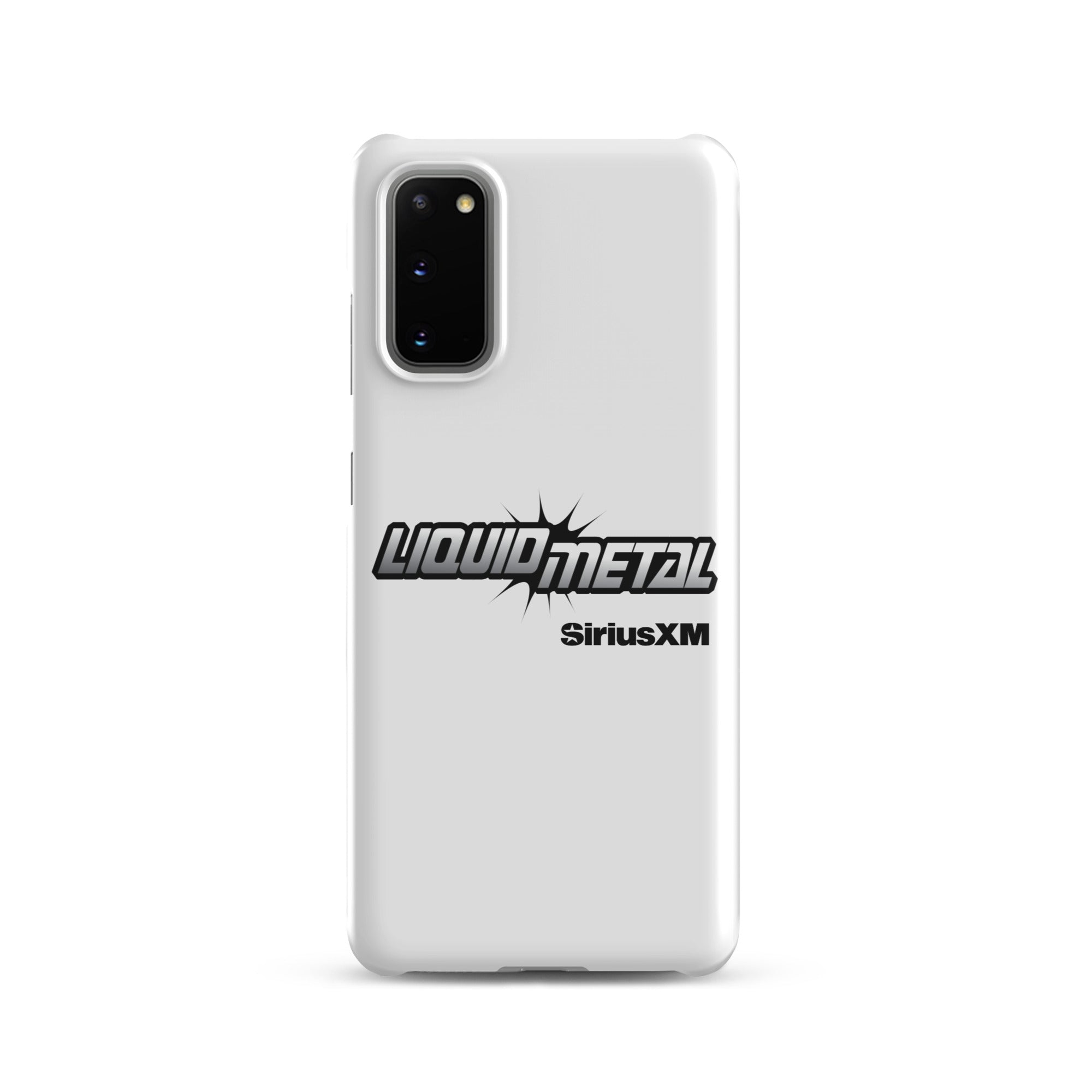 White phone case featuring 'LIQUID METAL' logo and 'SiriusXM' branding.